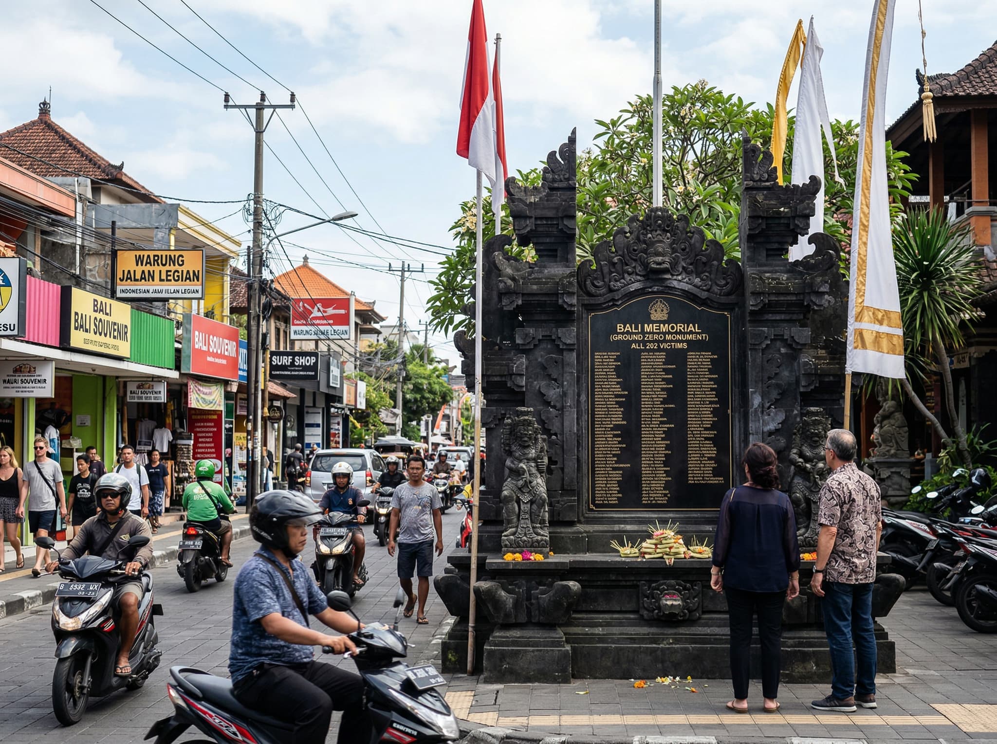 The Bali Memorial Ground Zero Monument on Jalan Legian, the modest carved stone structure commemorating the 202 victims of the 2002 Bali bombings, as described in the article's history section