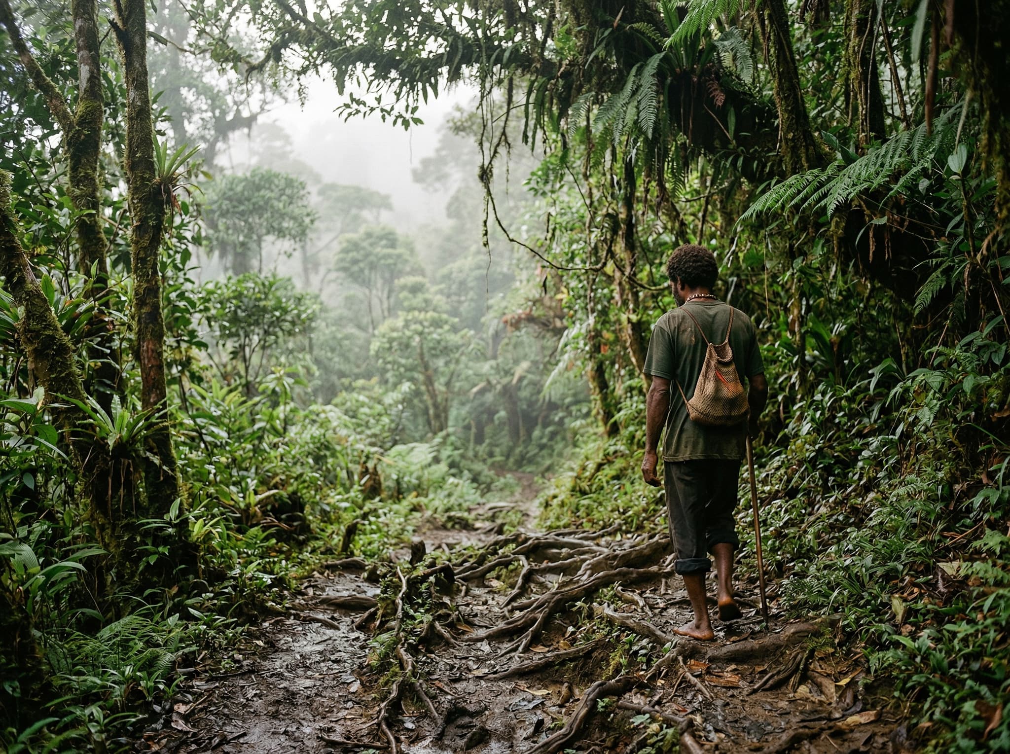 A jungle trail on Gam Island, Raja Ampat at dawn — a narrow rooted path through dense tropical forest with low morning light filtering through the canopy, representing the pre-dawn birdwatching walk described in the article where guides lead visitors to the display trees.