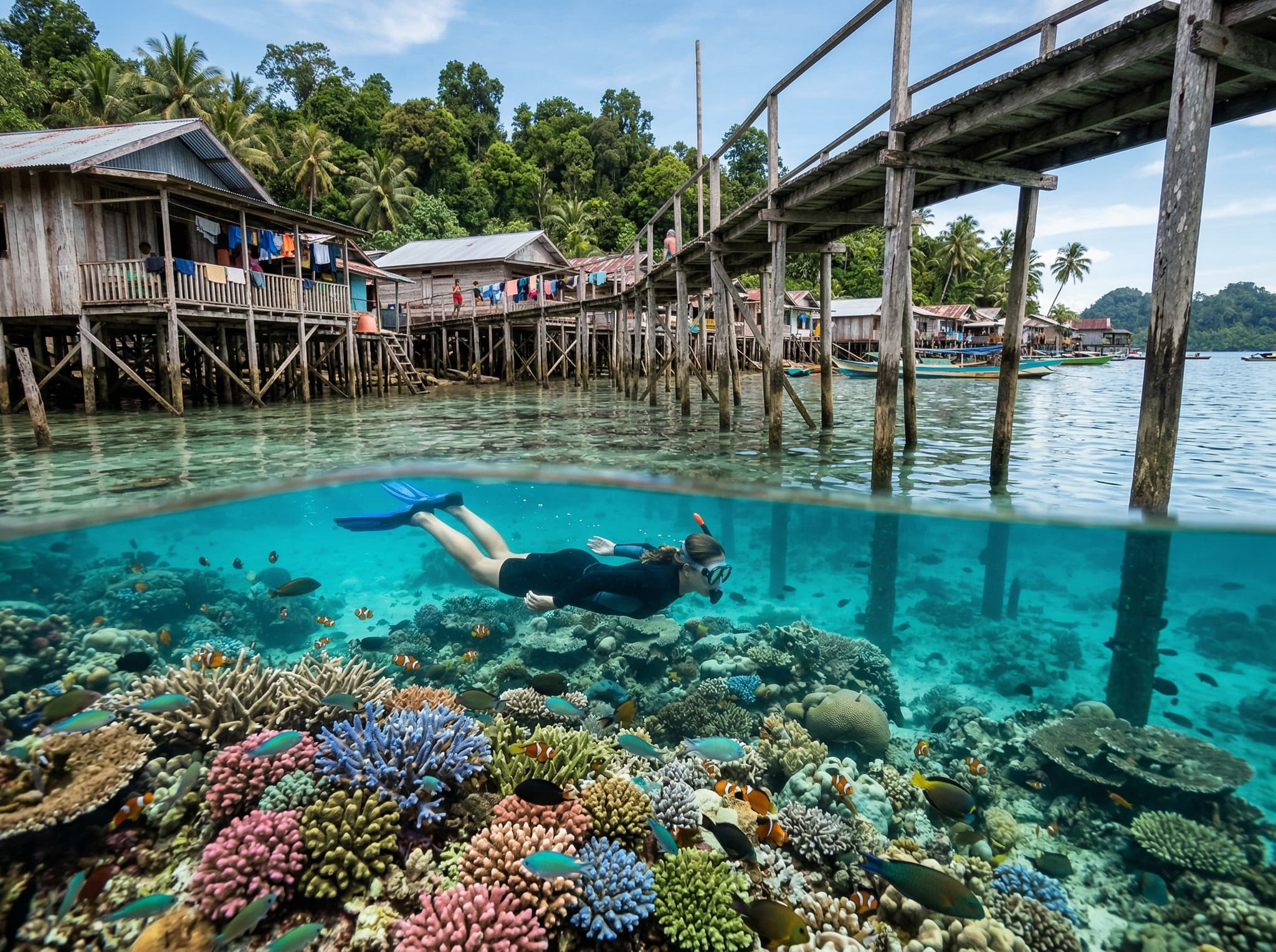 Snorkeling over shallow coral reef directly off a village boardwalk in Raja Ampat — clear turquoise water revealing healthy coral and reef fish just below the surface, with the wooden stilts of stilt houses visible above, illustrating the article's observation that the ordinary and extraordinary share the same frame in Sawinggrai.