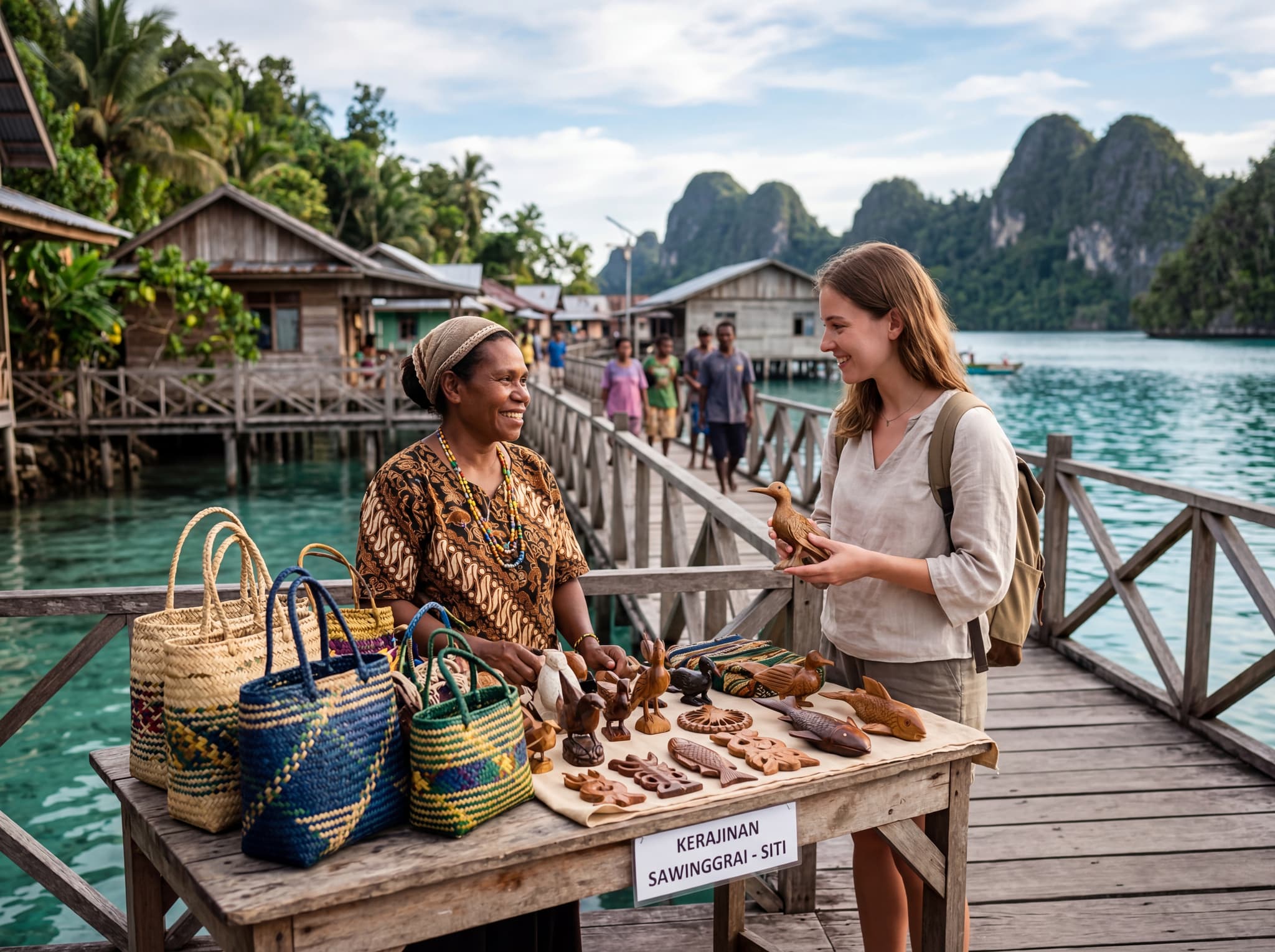 A local villager or guide from Sawinggrai, Raja Ampat, selling handmade crafts — woven bags or carved wooden figures displayed on a simple surface along the boardwalk, illustrating the community-based tourism economy the article describes as a direct channel between visitors and village residents.