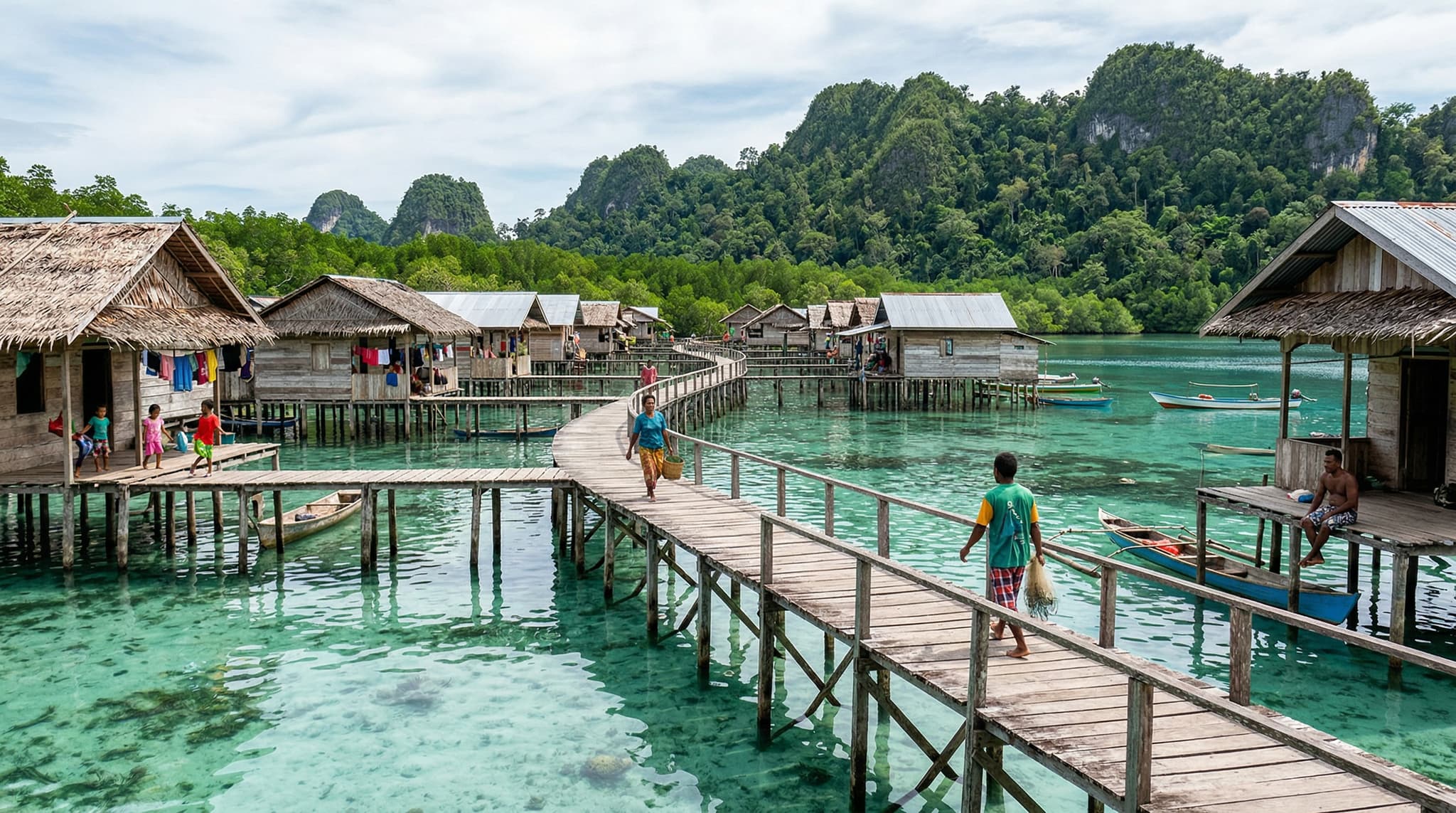 Sawinggrai Village on Gam Island, Raja Ampat — wooden stilt houses lining a narrow boardwalk over shallow turquoise water, with mangroves and jungle-covered hills in the background, evoking the quiet, unhurried character of this small Papuan community described in the article.