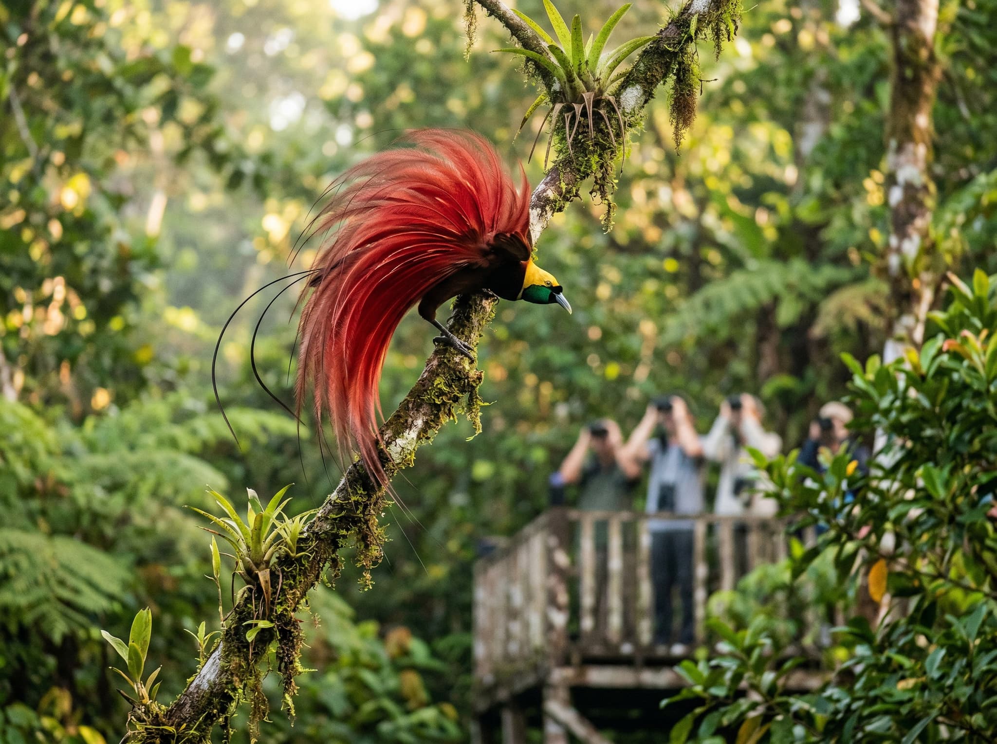 Red bird-of-paradise (Paradisaea rubra) displaying in the forest canopy of Raja Ampat — the bird hanging or fanning its crimson plumes from a tree branch, illustrating the dawn birdwatching experience at Sawinggrai that is the village's primary draw for visitors.