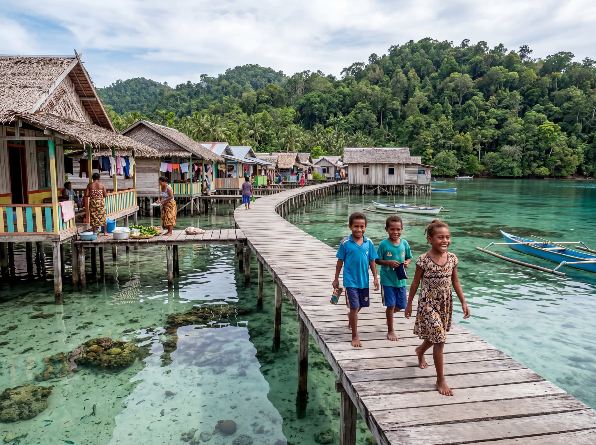The wooden boardwalk of Sawinggrai Village, Raja Ampat — a narrow elevated walkway connecting stilt homes over clear shallow water, with children or villagers present, capturing the living community atmosphere the article describes as more than just a birdwatching stop.