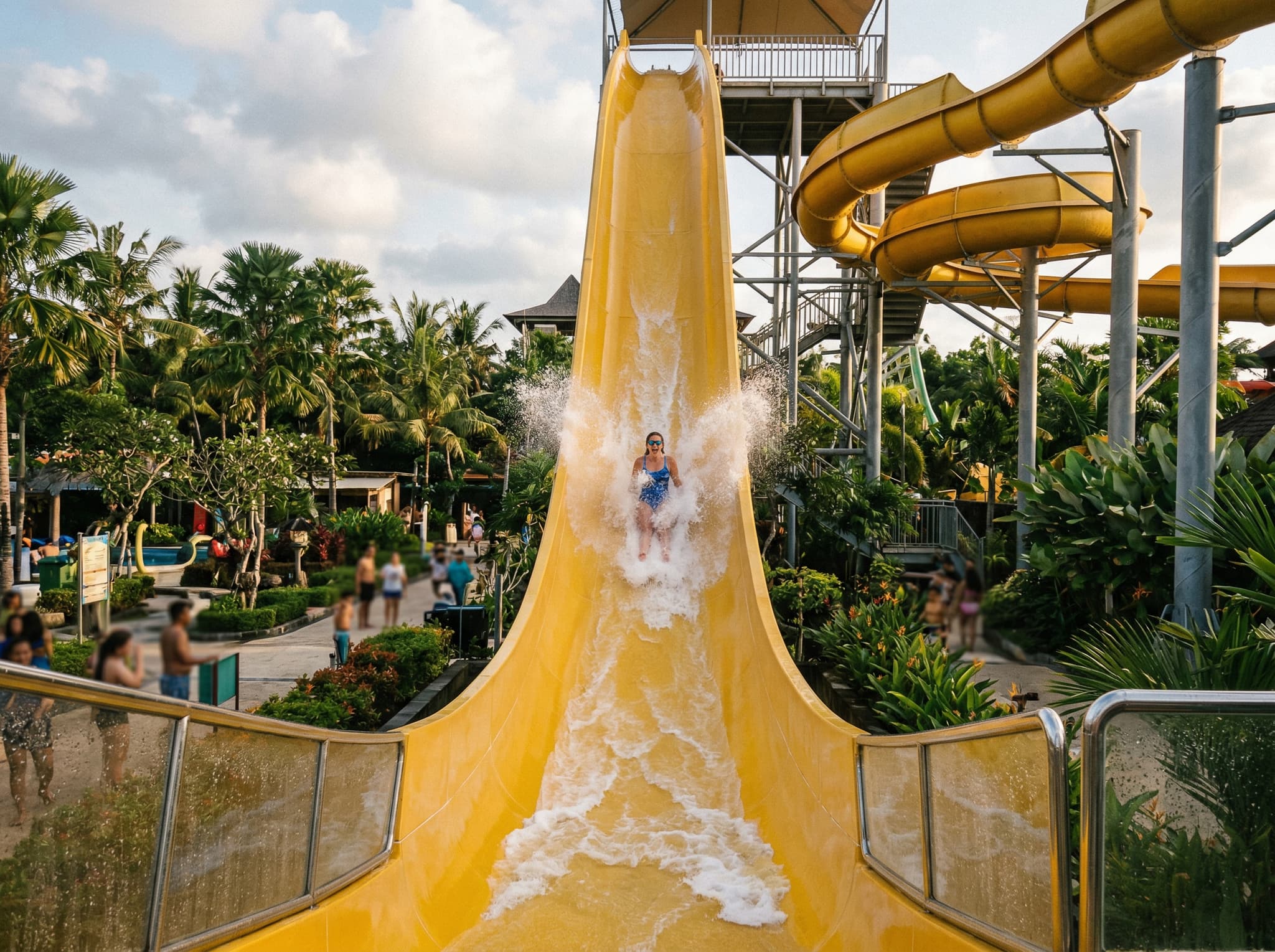 Waterbom Bali's signature high-speed waterslides, including the near-vertical drop ride known as The Climax, showing the park's headline thrill attractions that justify the ticket price for adult visitors