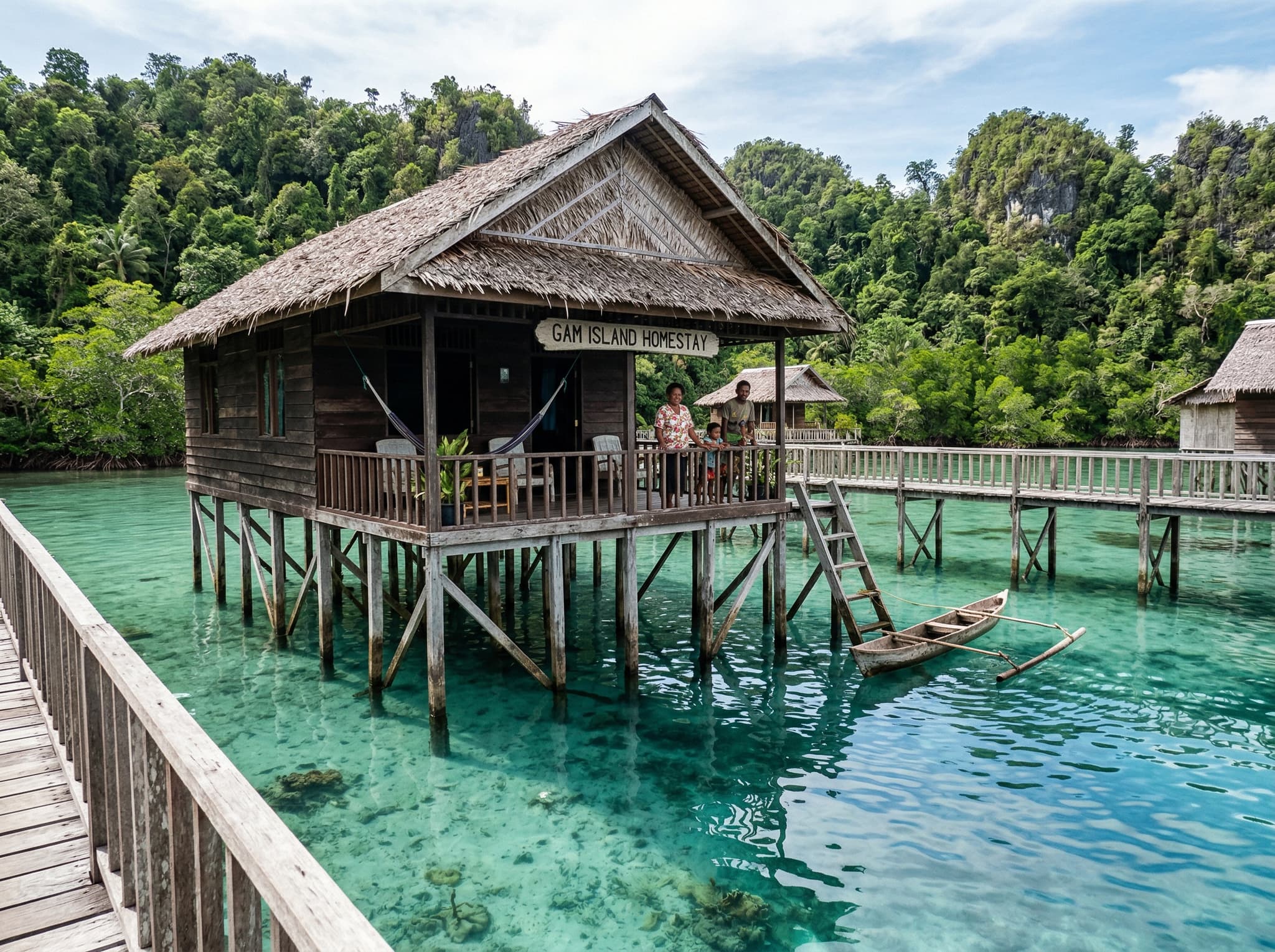 A wooden homestay bungalow built over calm water in Raja Ampat, with stilts visible and jungle or mangroves in the background — illustrating the simple, family-run accommodation that defines the Gam Island experience described in the Where to Stay section