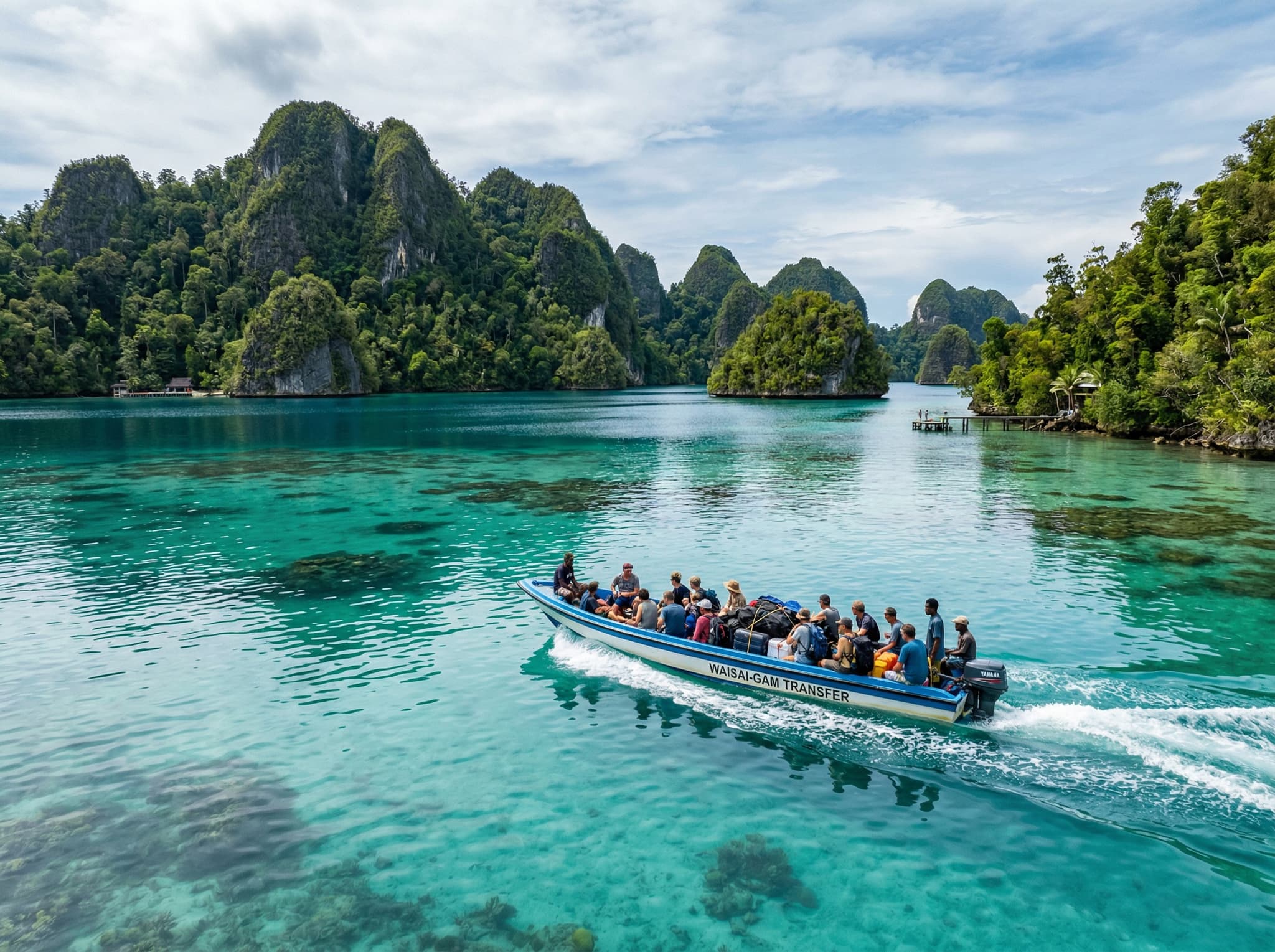 A local speedboat crossing calm turquoise water between islands in Raja Ampat, with forested karst hills in the background — illustrating the boat transfer from Waisai to Gam Island described in the Getting to Gam Island section