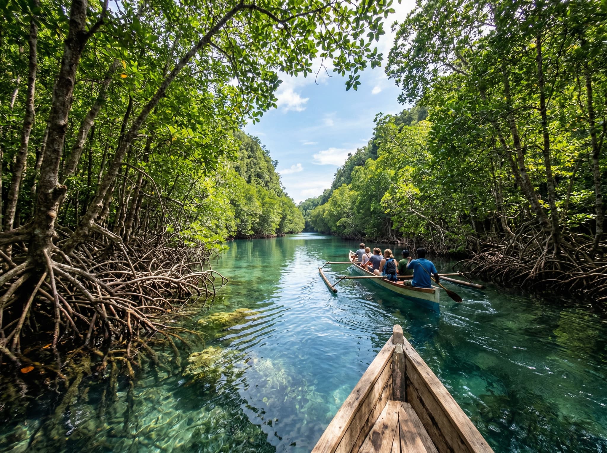 The Passage channel between Gam and Waigeo islands in Raja Ampat — narrow mangrove-lined waterway seen from water level or above, conveying the enclosed, otherworldly atmosphere of this unique dive and snorkel site