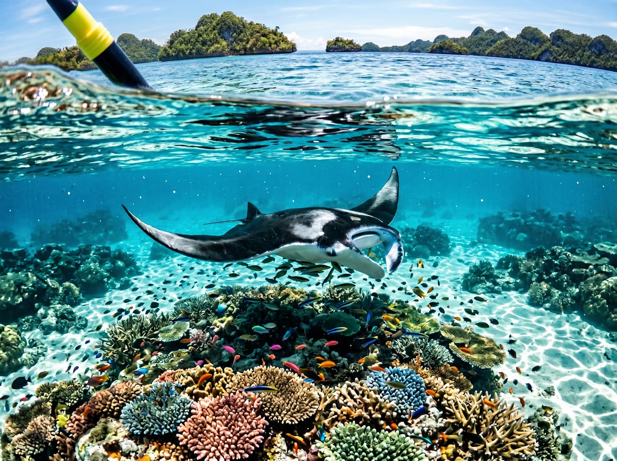 A manta ray gliding through clear shallow water above coral reef in Raja Ampat, seen from snorkeler's perspective at the surface — illustrating the manta ray cleaning station at Yeben Shallows described in the article