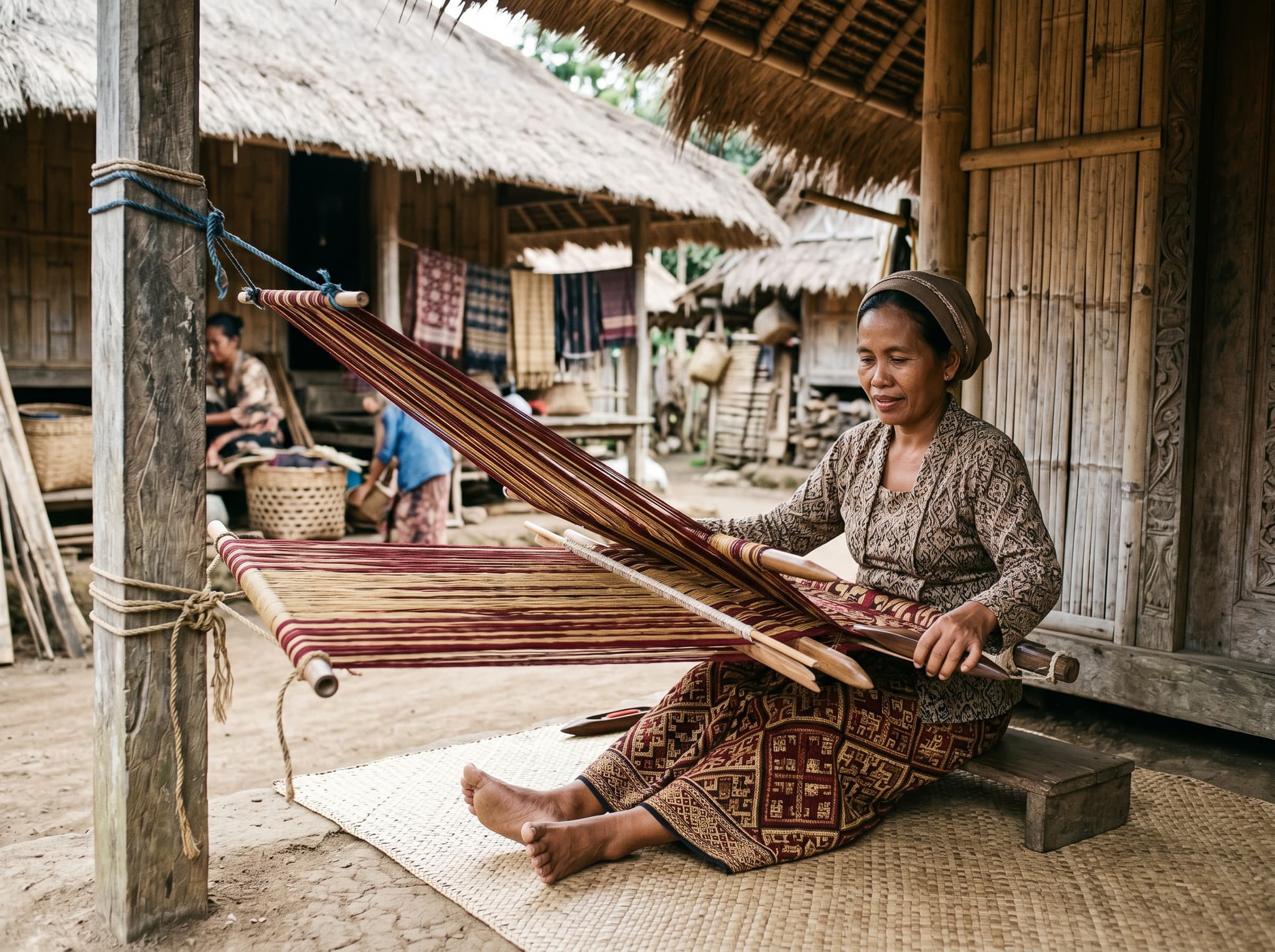 A Sasak woman weaving on a backstrap loom in a traditional Lombok village — one end tied to a post, the loom wrapped around her body — illustrating the handmade songket and ikat textile tradition described in the weaving section