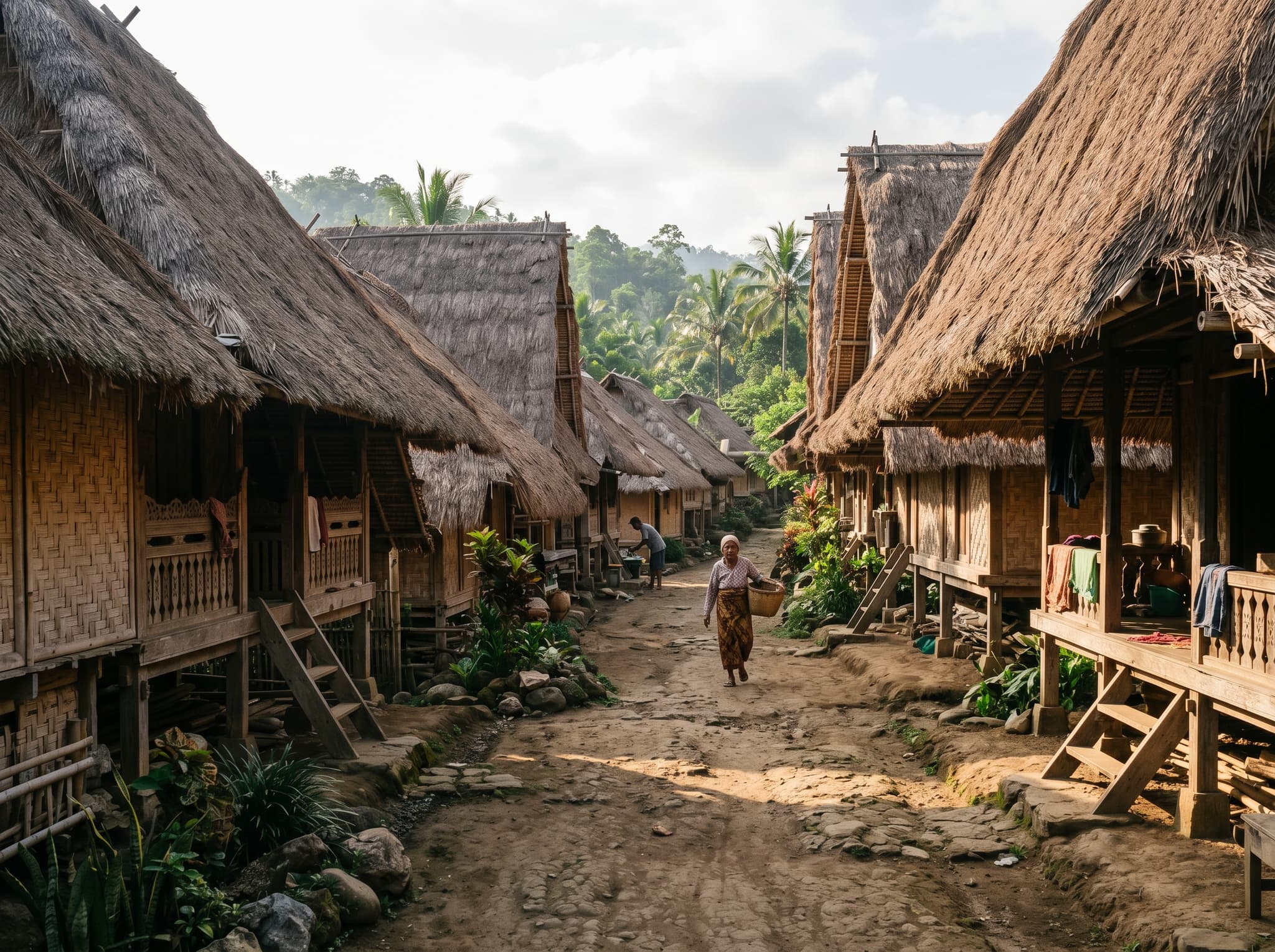 A quiet village pathway in Ende Village, Lombok — narrow communal lane between traditional Sasak houses with no tourists present, conveying the uncrowded, unhurried atmosphere that distinguishes Ende from the more visited Sade Village