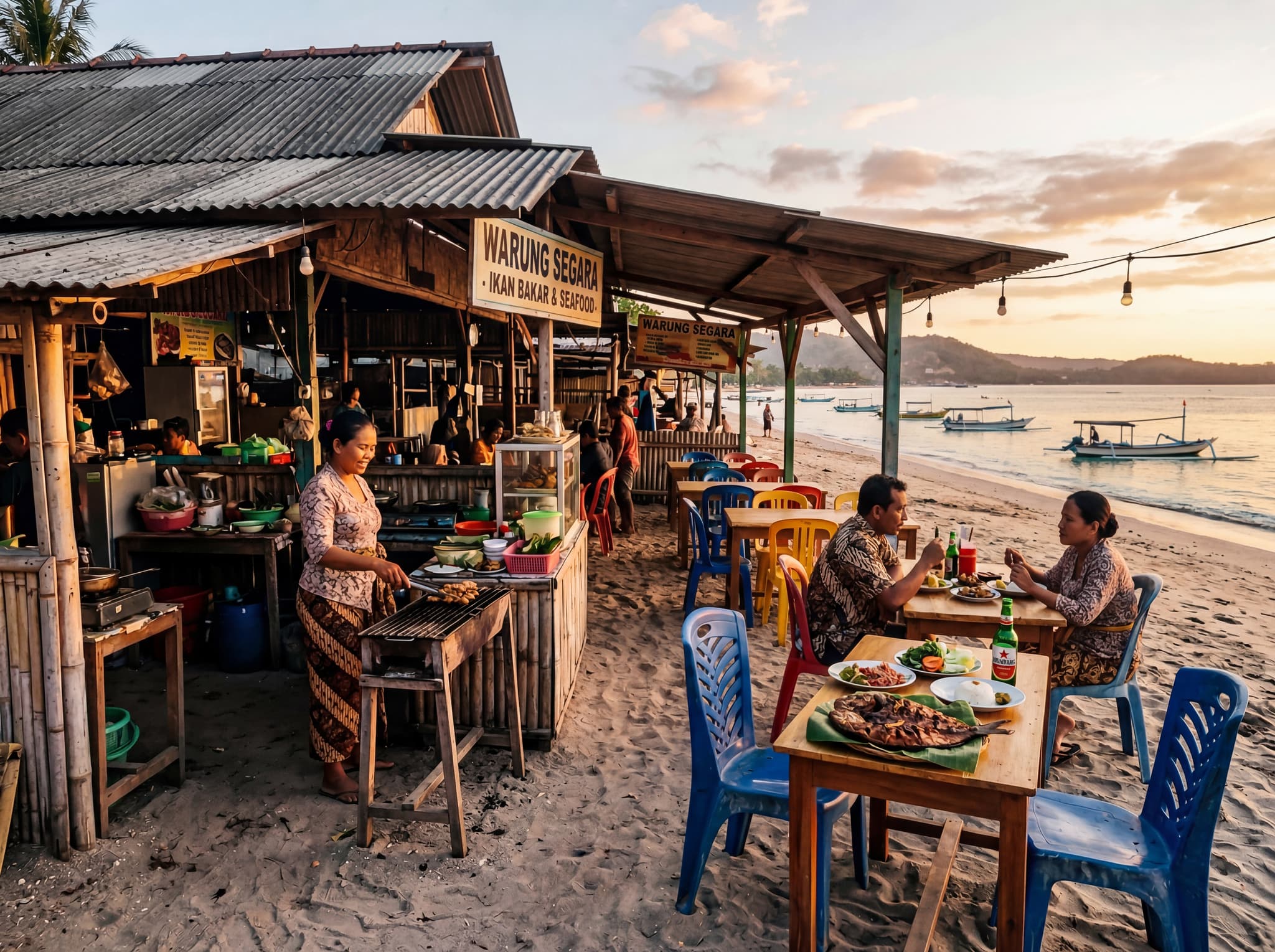 A simple beachfront warung in Senggigi with plastic chairs, grilled fish on the table, and the sea visible behind — representing the affordable, unpretentious local dining the article highlights as central to Senggigi's appeal