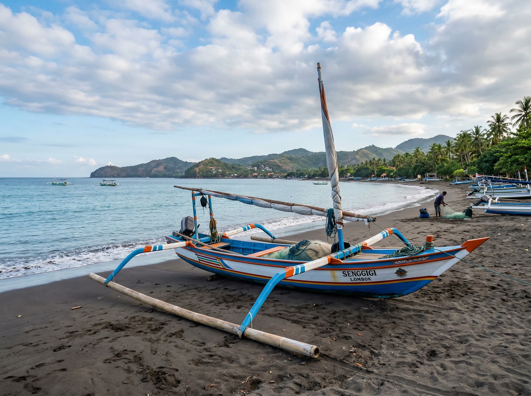 A traditional jukung outrigger boat pulled up on the dark sand of Senggigi Beach with calm water behind — the scene the article uses to describe the main town beach as 'fine' but unremarkable compared to the quieter beaches north