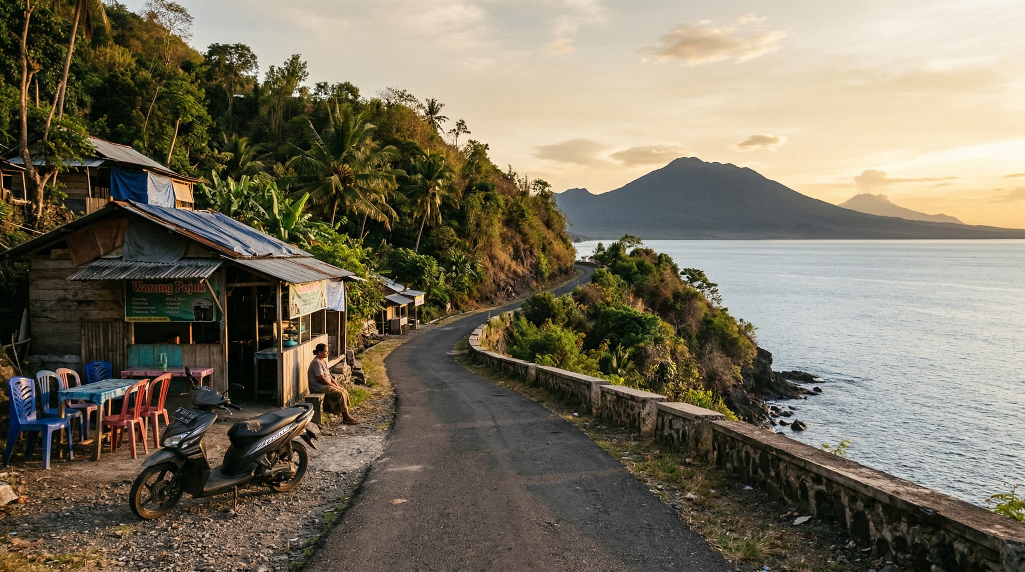 Senggigi's coastal road at golden hour, with the Lombok Strait visible below and Bali's volcanic silhouette faint on the horizon — capturing the unhurried, slightly faded atmosphere that defines this quiet town