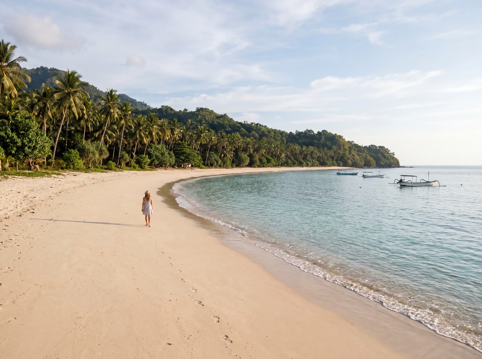 Mangsit Beach north of Senggigi center — lighter sand and calm water with almost no visitors, illustrating the article's recommendation to skip the main beach in favor of this quieter stretch