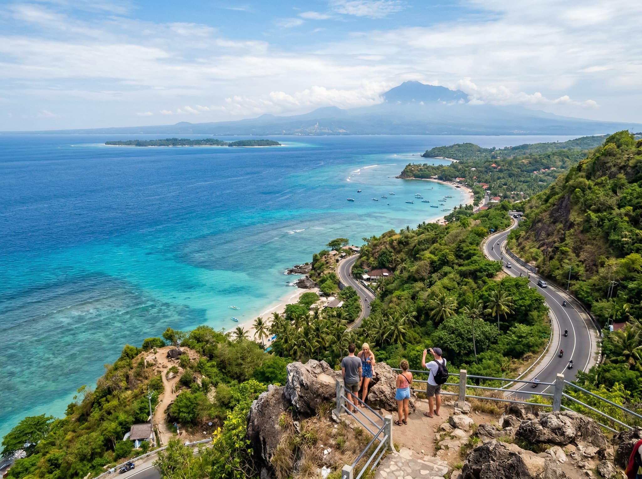 Malimbu Beach viewpoint north of Senggigi, looking down over the Gili Islands with water shifting through multiple shades of blue — the hillside overlook the article describes as a stop on the drive to Bangsal Harbor