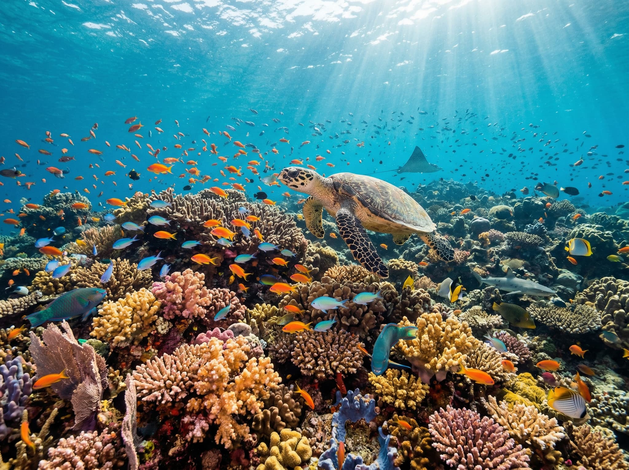 Underwater coral reef scene in Raja Ampat, Indonesia, teeming with tropical fish and dense coral growth, illustrating the world-class marine biodiversity that makes the long journey from Lombok worthwhile