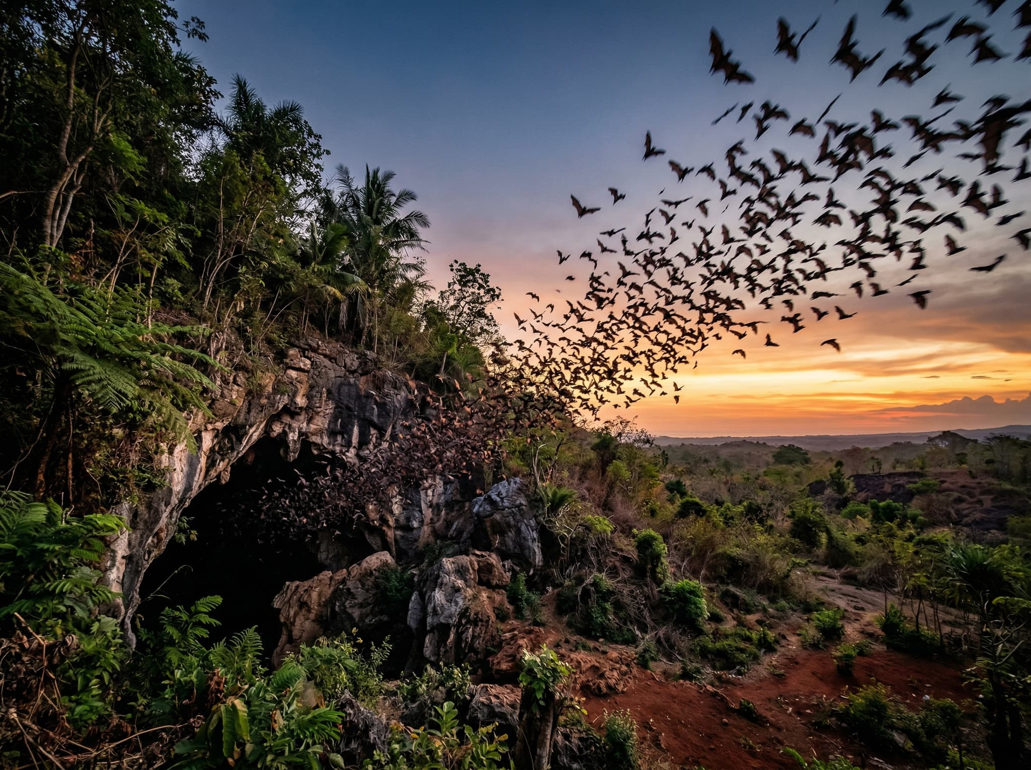 Dense stream of bats exiting Gua Sumur cave at dusk in Lombok, pouring out of the cave entrance against a fading orange sky — capturing the evening bat exodus described as a separate, spectacular reason to visit