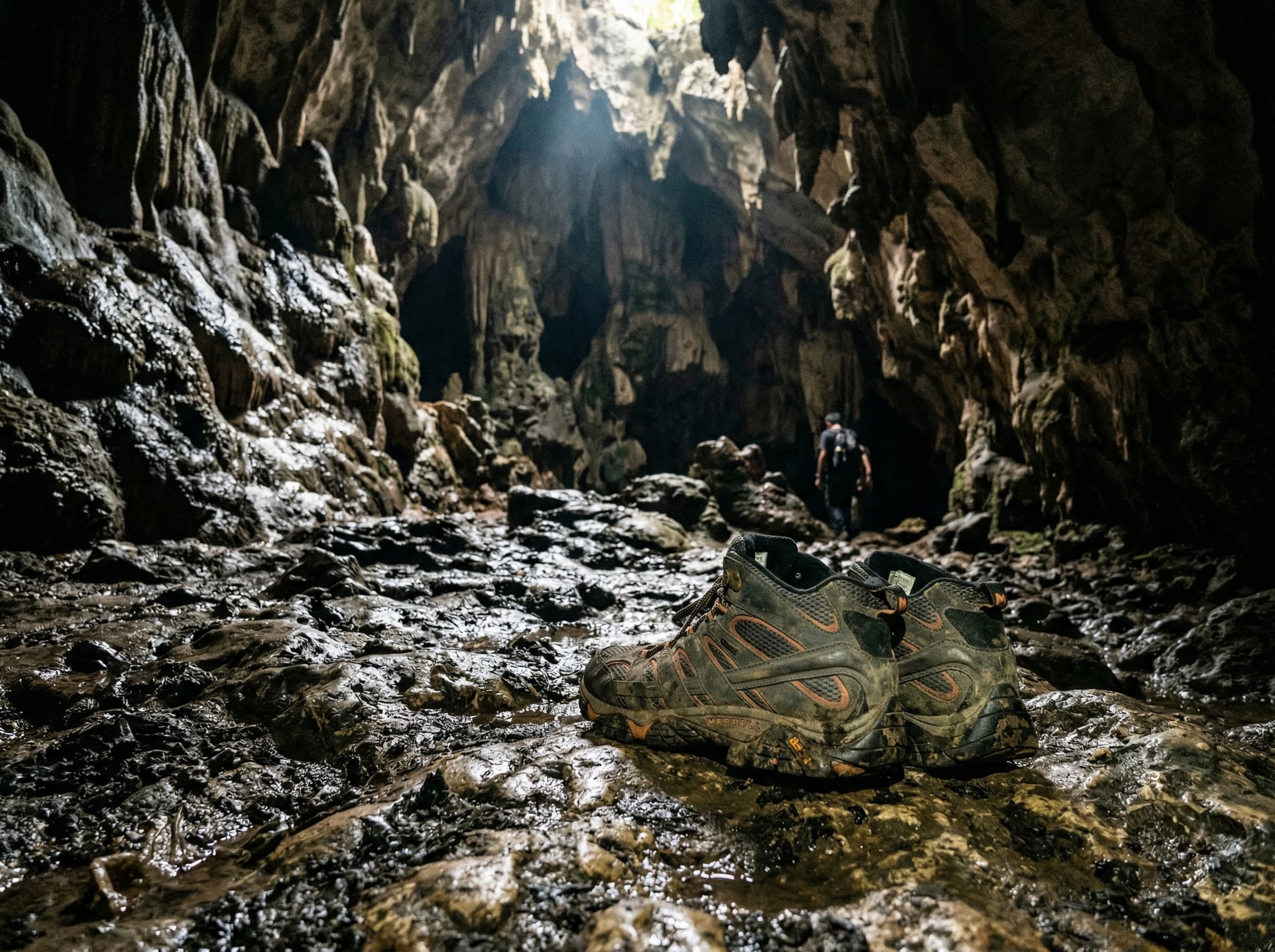 Close view of the uneven, guano-covered cave floor of Gua Sumur with a visitor's sturdy closed shoes visible — illustrating the article's practical warning that proper footwear is essential and the cave is not a sanitized tourist attraction