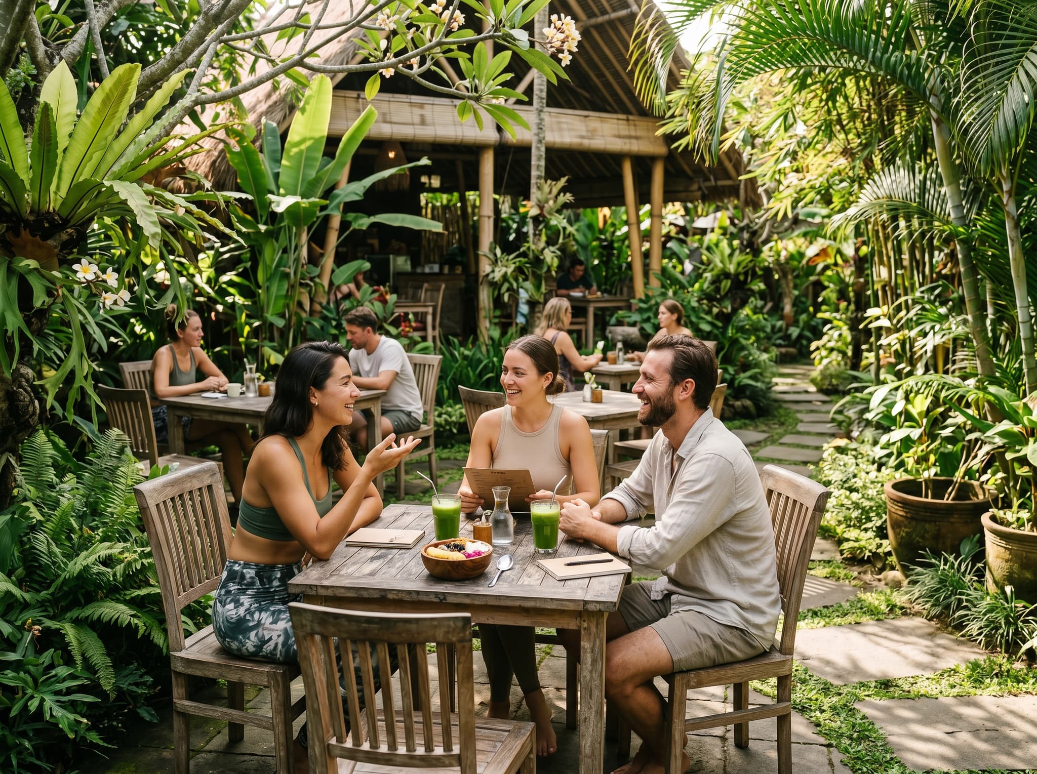 A garden cafe setting within a Bali wellness compound — outdoor seating surrounded by tropical plants, smoothie bowls and fresh juices on the table, the social post-class atmosphere described in the article's section on who visits The Yoga Barn