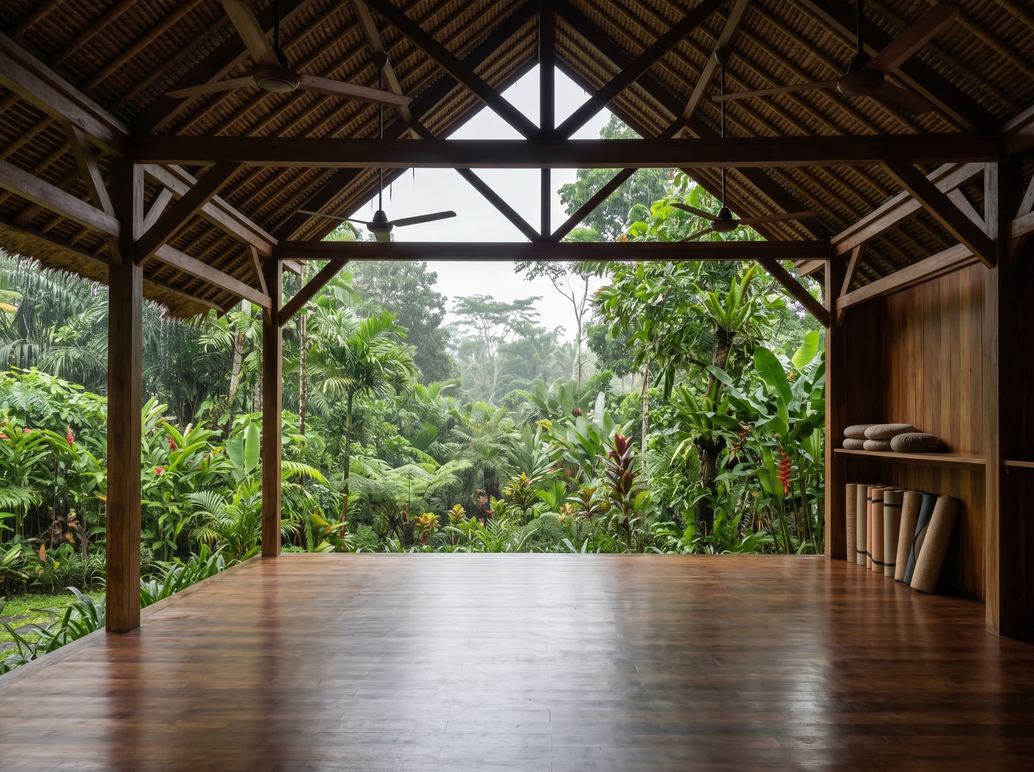 Interior of an open-air yoga shala in Bali — wood floors, high ceiling, overhead fans, and tropical garden visible through open walls with rain or soft light, capturing the sensory environment described in the article's section on the physical space
