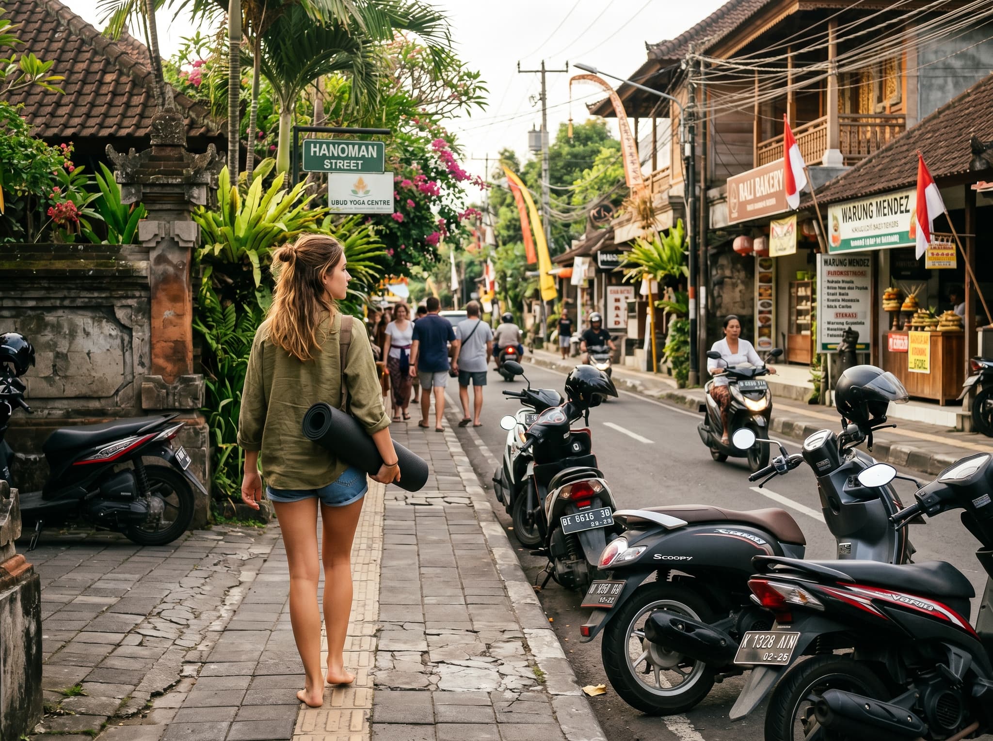 A person walking along Jalan Hanoman in Ubud carrying a yoga mat — the practical street-level experience of arriving at or leaving The Yoga Barn, illustrating the 'What to Know Before You Go' section's walking directions and practical advice