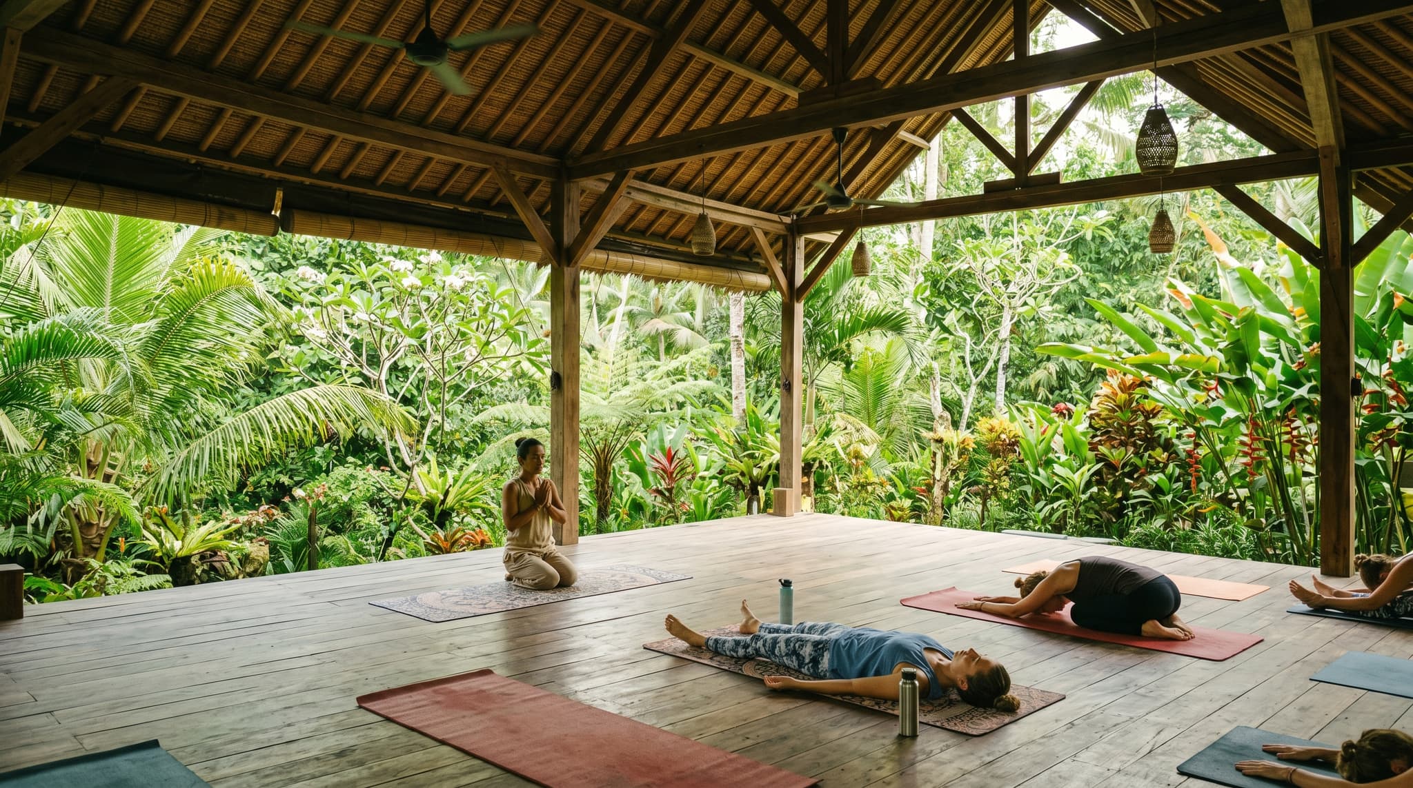 The Yoga Barn's open-air shala in Ubud, Bali — a wood-floored practice space with high thatched ceilings, overhead fans, and lush tropical garden visible through open walls, representing the wellness center at the center of this review