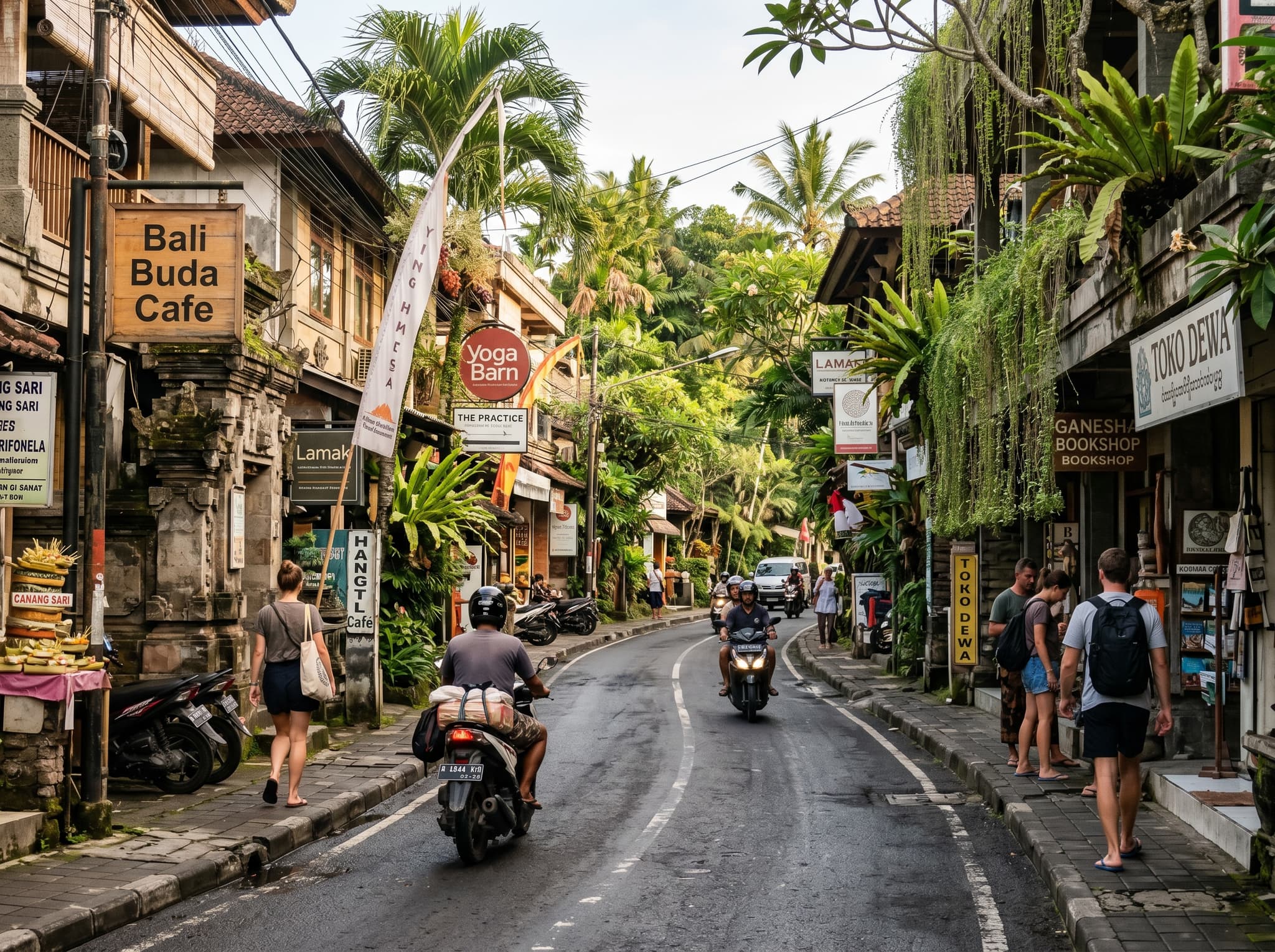 Jalan Hanoman in Ubud's Padangtegal neighborhood — the tree-lined street where The Yoga Barn is located, showing the walkable, cafe-and-shop-lined character of the approach to the wellness center