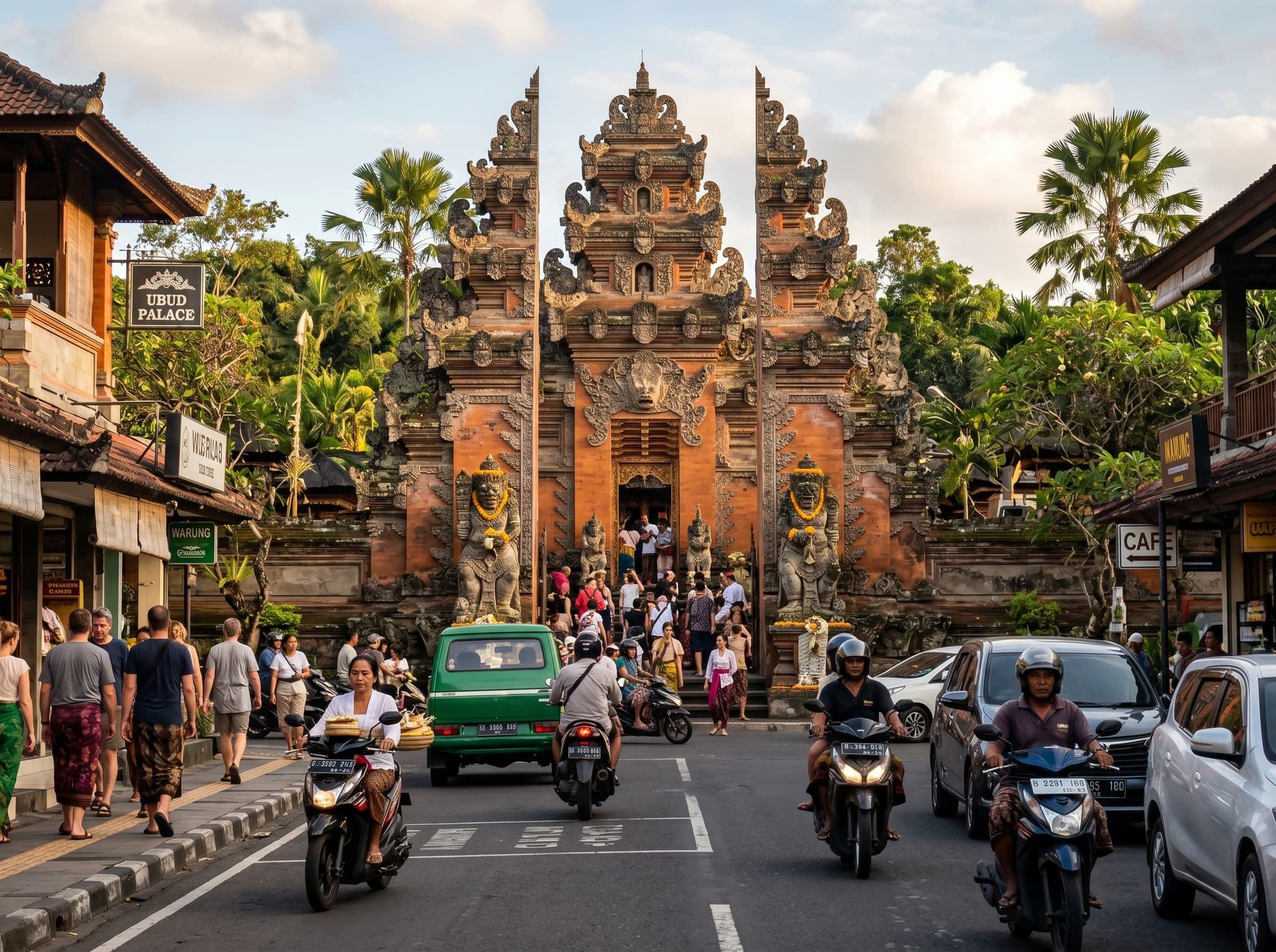 Ubud Palace (Puri Saren Agung) in central Ubud, Bali — the landmark used as a navigation reference point in the article's directions to The Yoga Barn, showing the ornate Balinese temple gates at the heart of Ubud