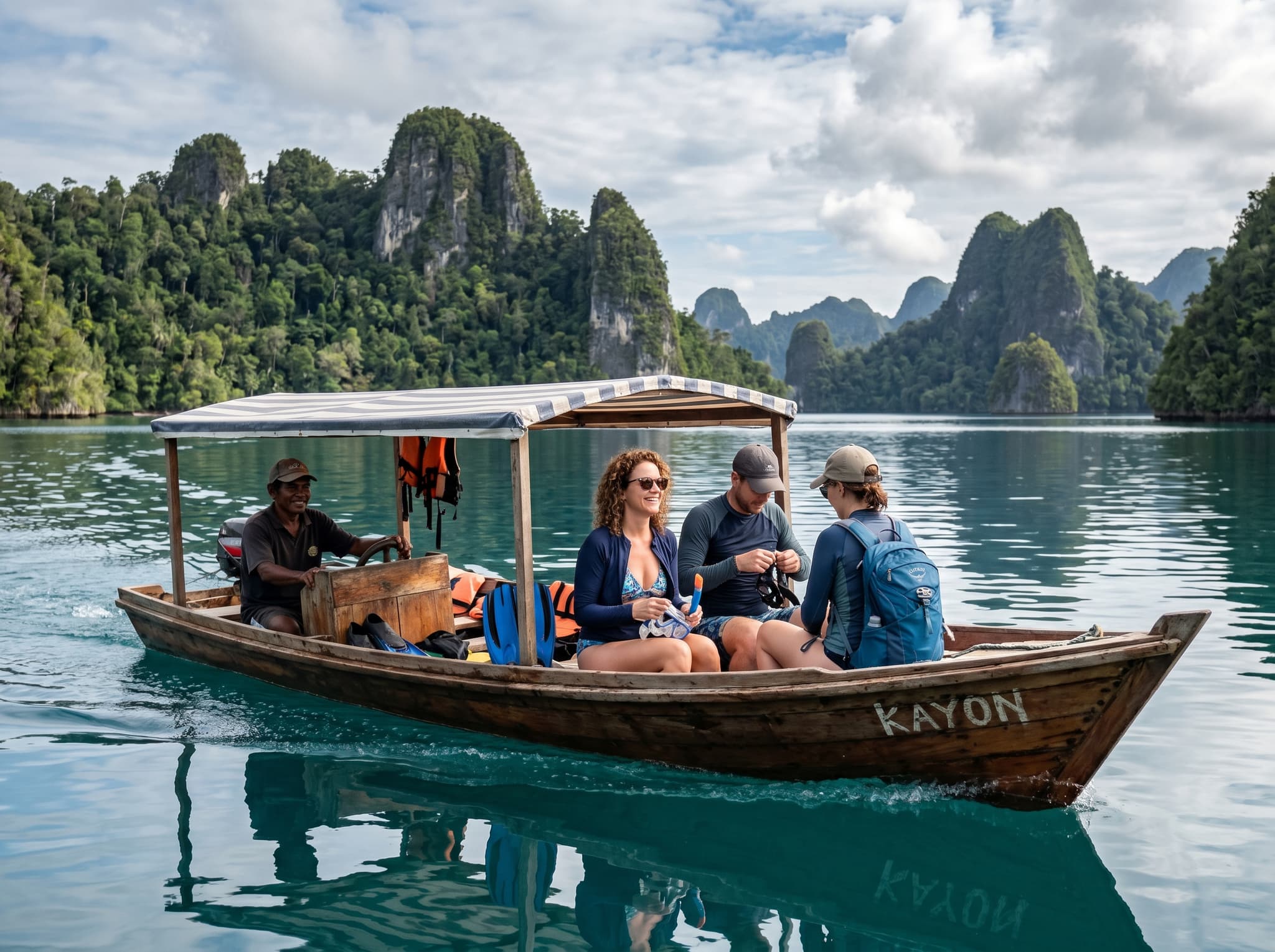 A small speedboat on the water near Waisai, Raja Ampat — the kind of charter vessel used to reach Batu Pensil and Kabui Bay, with passengers and a local captain, conveying the boat-only access logistics described in the Getting There section