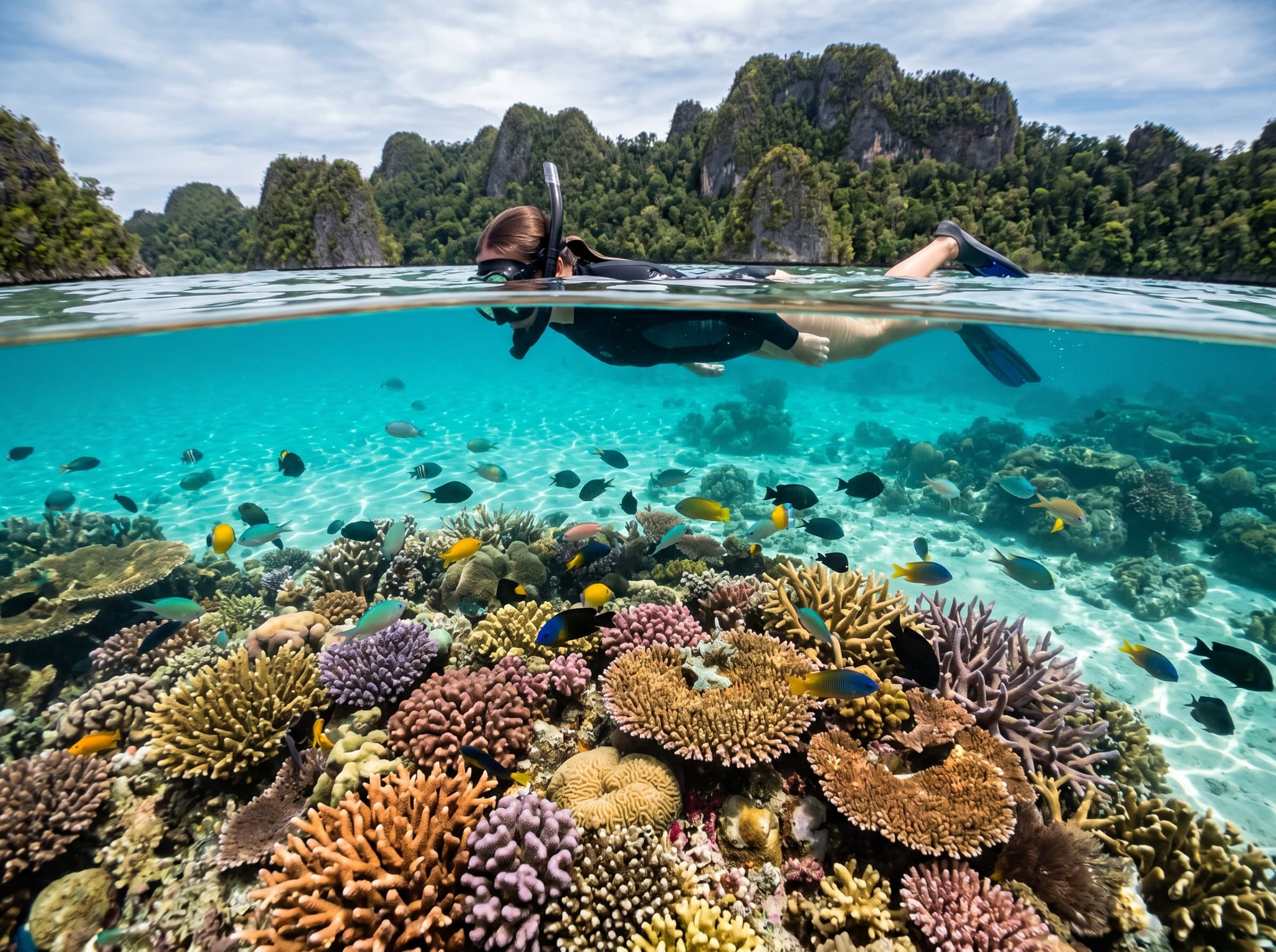 Snorkeling in the shallow coral reefs of Kabui Bay, Raja Ampat — a snorkeler near the surface above dense tropical coral, illustrating the beginner-accessible snorkeling conditions described in the article