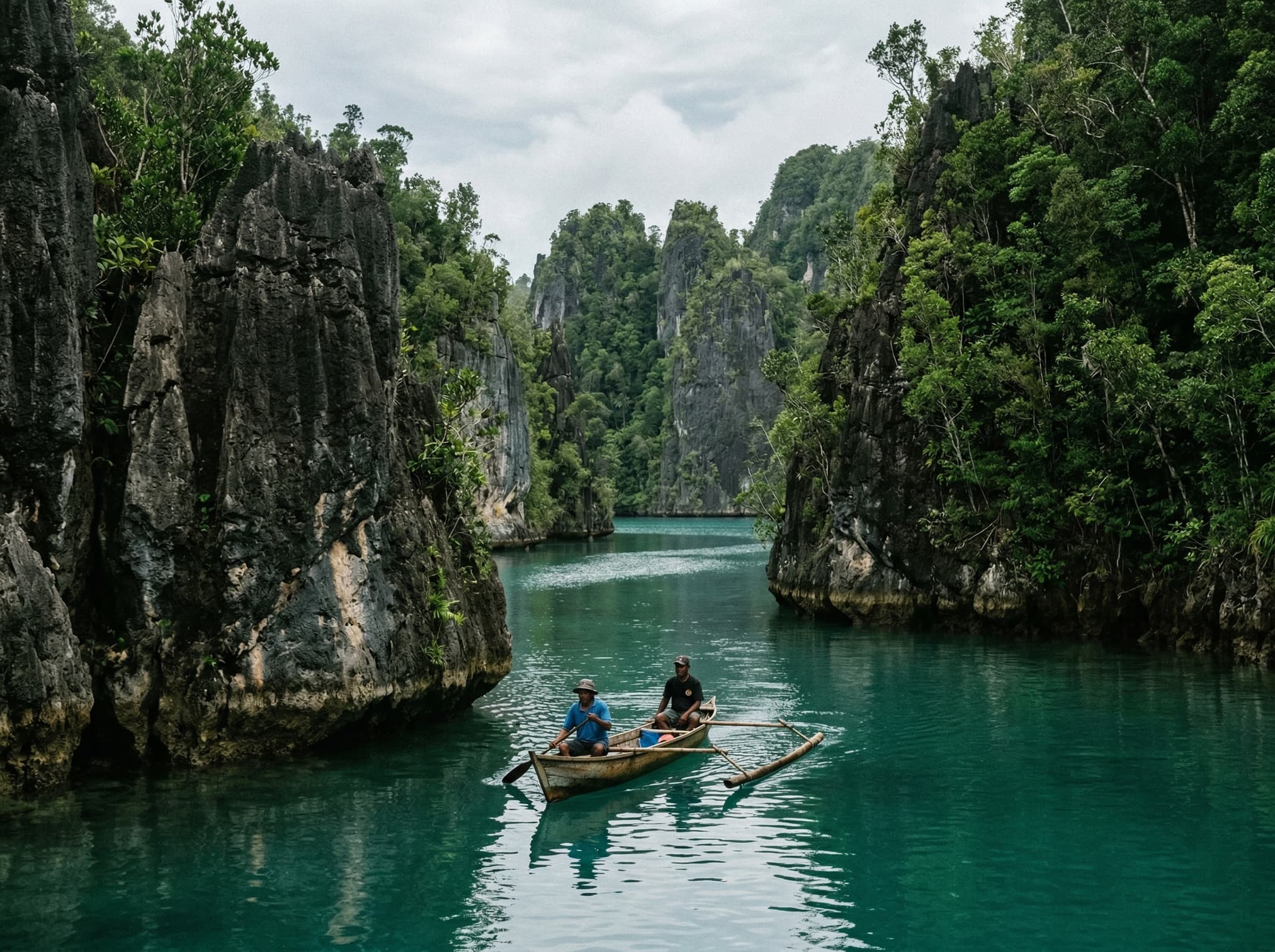 Kayaker or small wooden boat threading between sheer limestone karst walls rising from calm turquoise water in Raja Ampat, evoking the paddleboard and kayak exploration of the Fam Islands described in the article