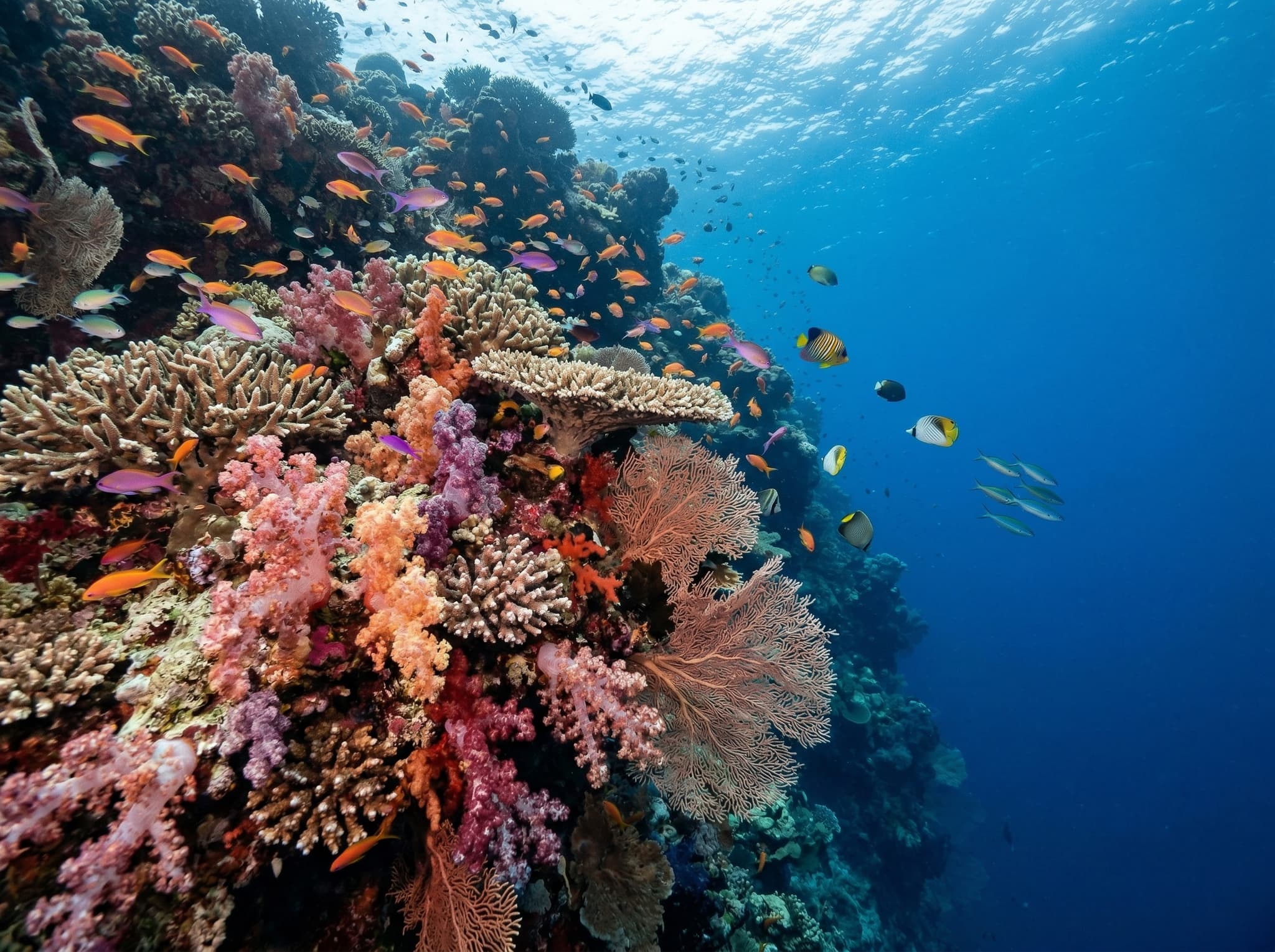 Underwater photograph of a coral wall or pinnacle in Raja Ampat with exceptional visibility — soft corals, sea fans, and reef fish visible against deep blue water, representing the snorkeling and diving conditions at Fam Slope and Anita's Garden described in the article