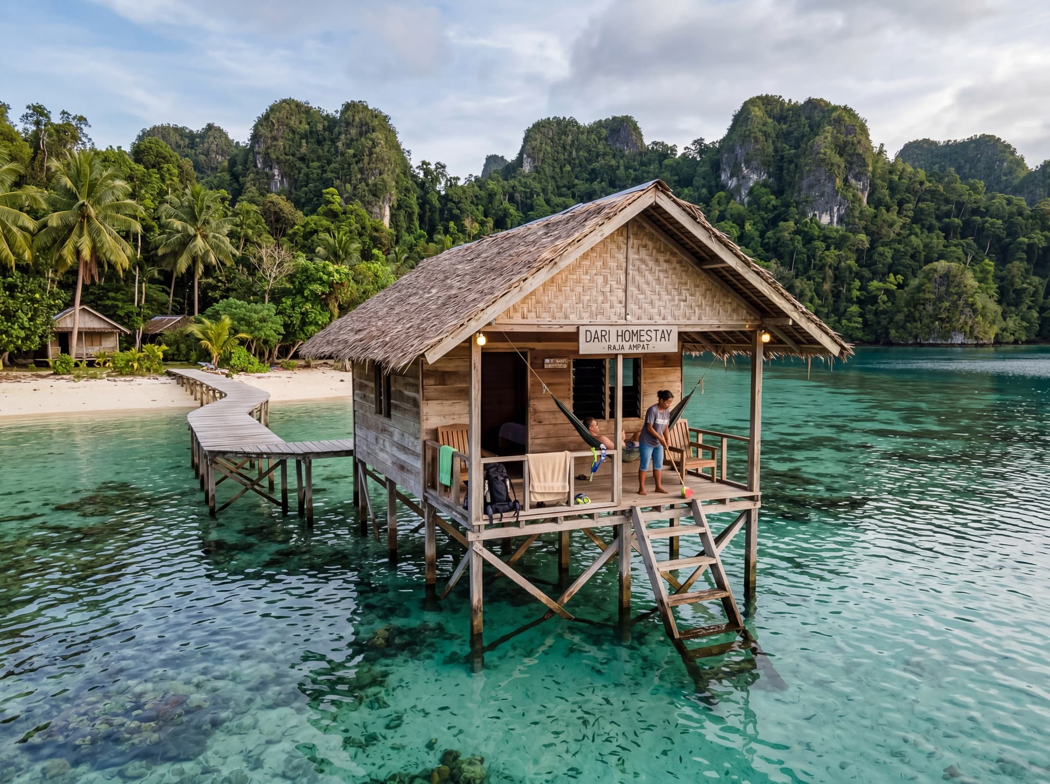 Simple over-water or beachfront homestay bungalow in Raja Ampat — rustic wooden structure on stilts above calm water or set on a white-sand beach, representing the locally run homestay accommodation style described in the Where to Stay section