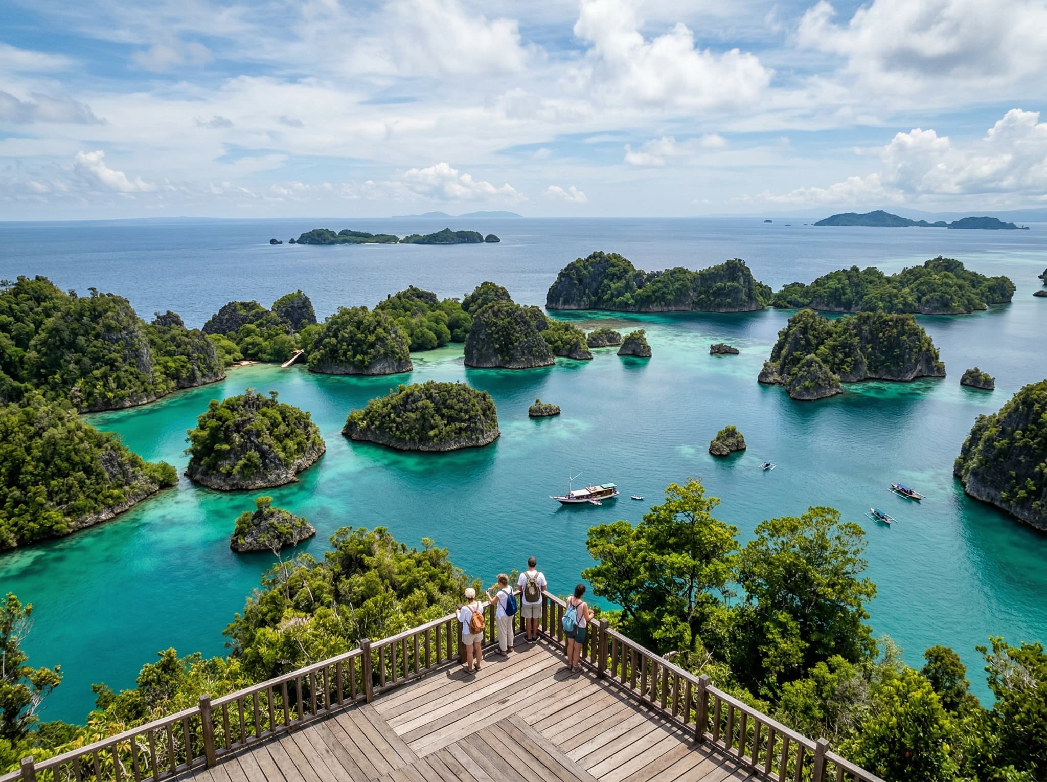 Panoramic view from Pianemo viewpoint in Raja Ampat, looking down over a scatter of jungle-topped karst islets threading through vivid emerald and turquoise water — the headline attraction of the Fam Islands described in the article