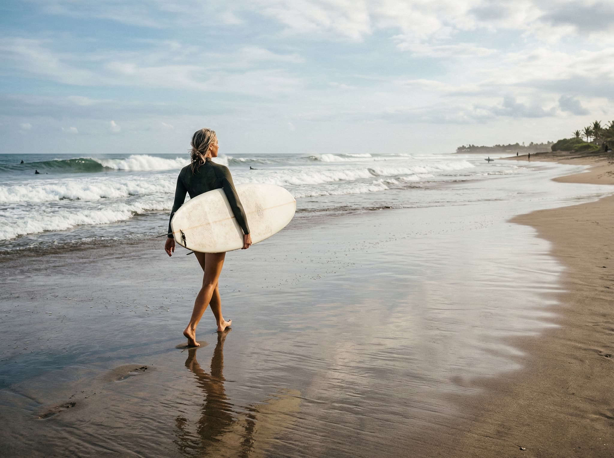 A surfer carrying a board along the shoreline at Batu Belig or a nearby Bali west coast beach, representing the beginner-friendly surf culture and board rental scene described in the article