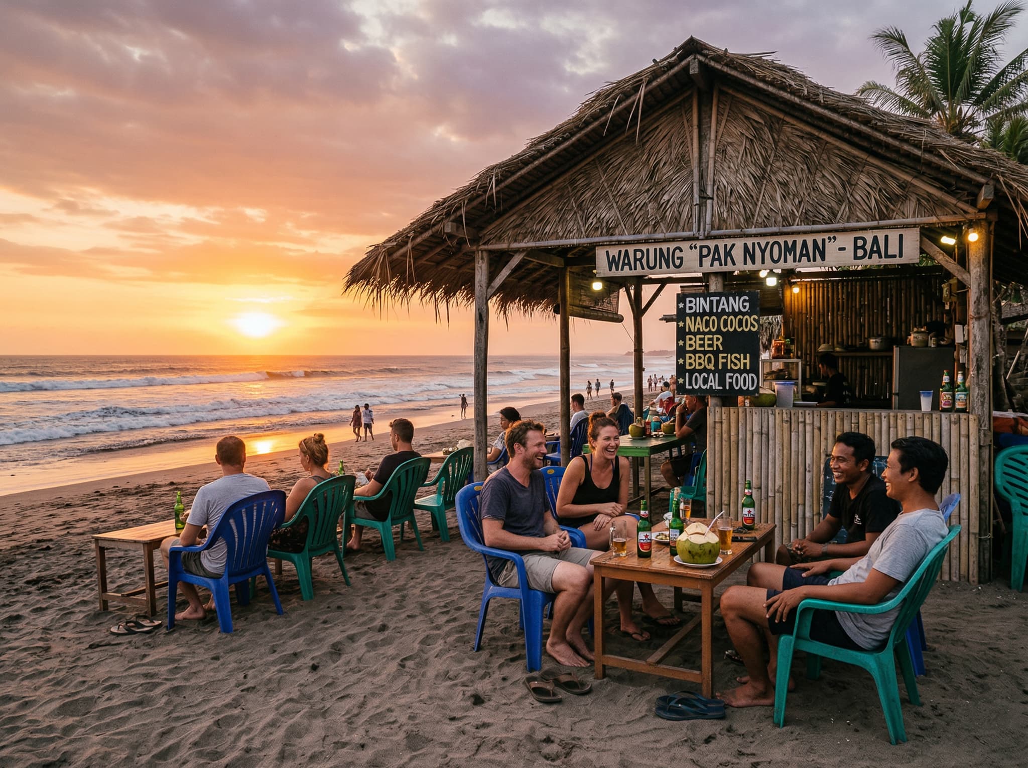 A beachfront warung on Bali's west coast at sunset, with plastic chairs, simple tables, and warm light from the setting sun — illustrating the affordable, relaxed end-of-day dining atmosphere along Batu Belig described in the article
