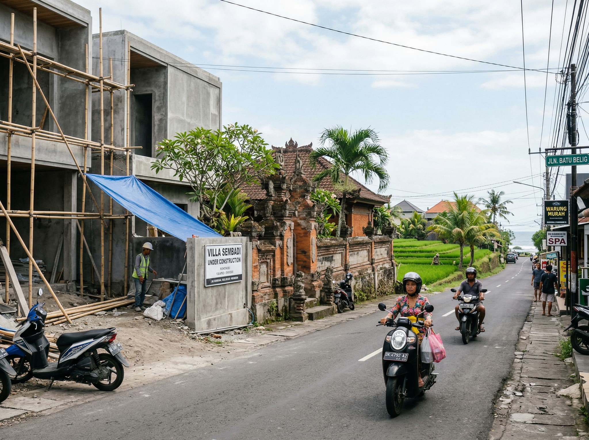 Jalan Batu Belig road in Kerobokan, Bali, showing the narrow street with a mix of villas under construction, older properties, and remaining green space — illustrating the neighborhood's transitional character described in the 'What's Changing' section