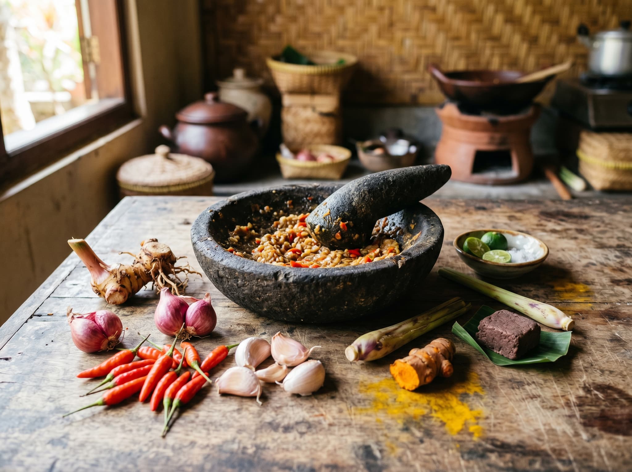 Stone cobek mortar and pestle on a wooden surface surrounded by raw bumbu ingredients — fresh chilies, shallots, garlic, galangal, turmeric root, lemongrass, and a block of terasi — in a Balinese kitchen. Illustrates the spice paste foundation that the article identifies as the engine of Indonesian cooking.