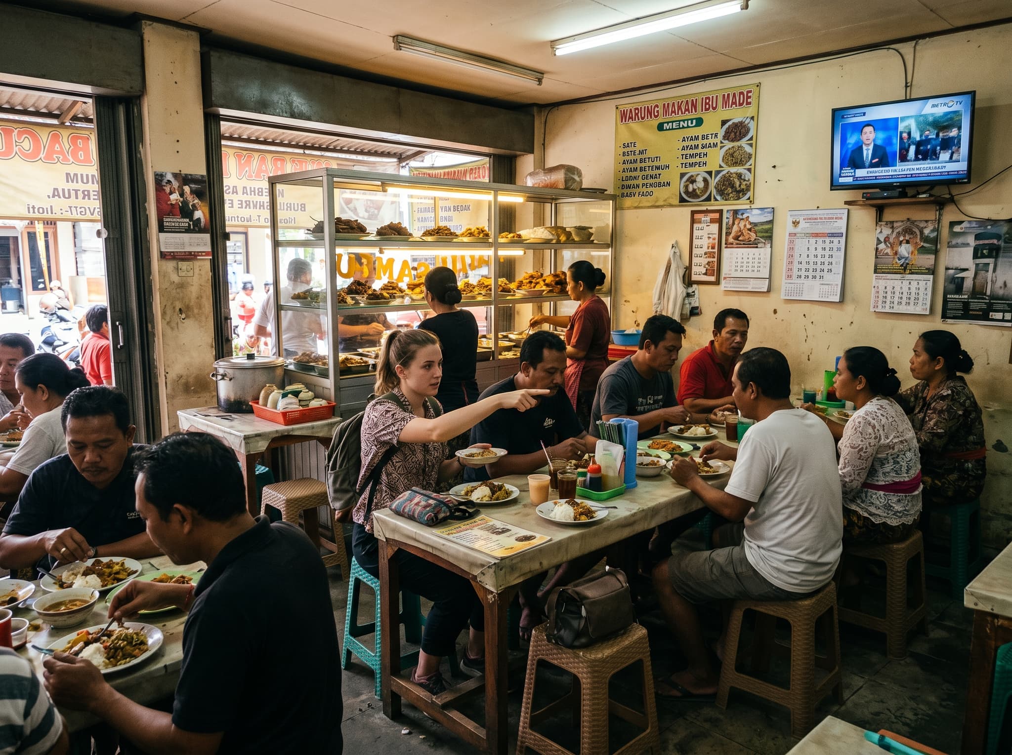 A busy Bali warung at lunchtime — locals crowded around simple tables, plates of nasi campur in front of them, a glass display case visible in the background, fluorescent light overhead. Illustrates the practical warung-eating guidance in the final section and the article's closing image of Indonesian food as a reward for curiosity over planning.