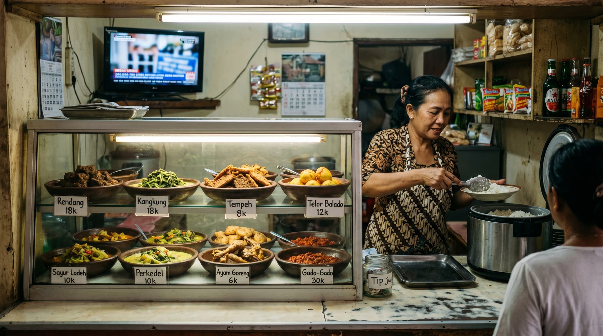 A warung glass display case in Bali filled with multiple Indonesian dishes — rendang, curried eggs, fried tempeh, vegetable preparations — under fluorescent light, with a Balinese woman serving rice behind the counter. Illustrates the disorienting, authentic first encounter with Indonesian food that opens the article.