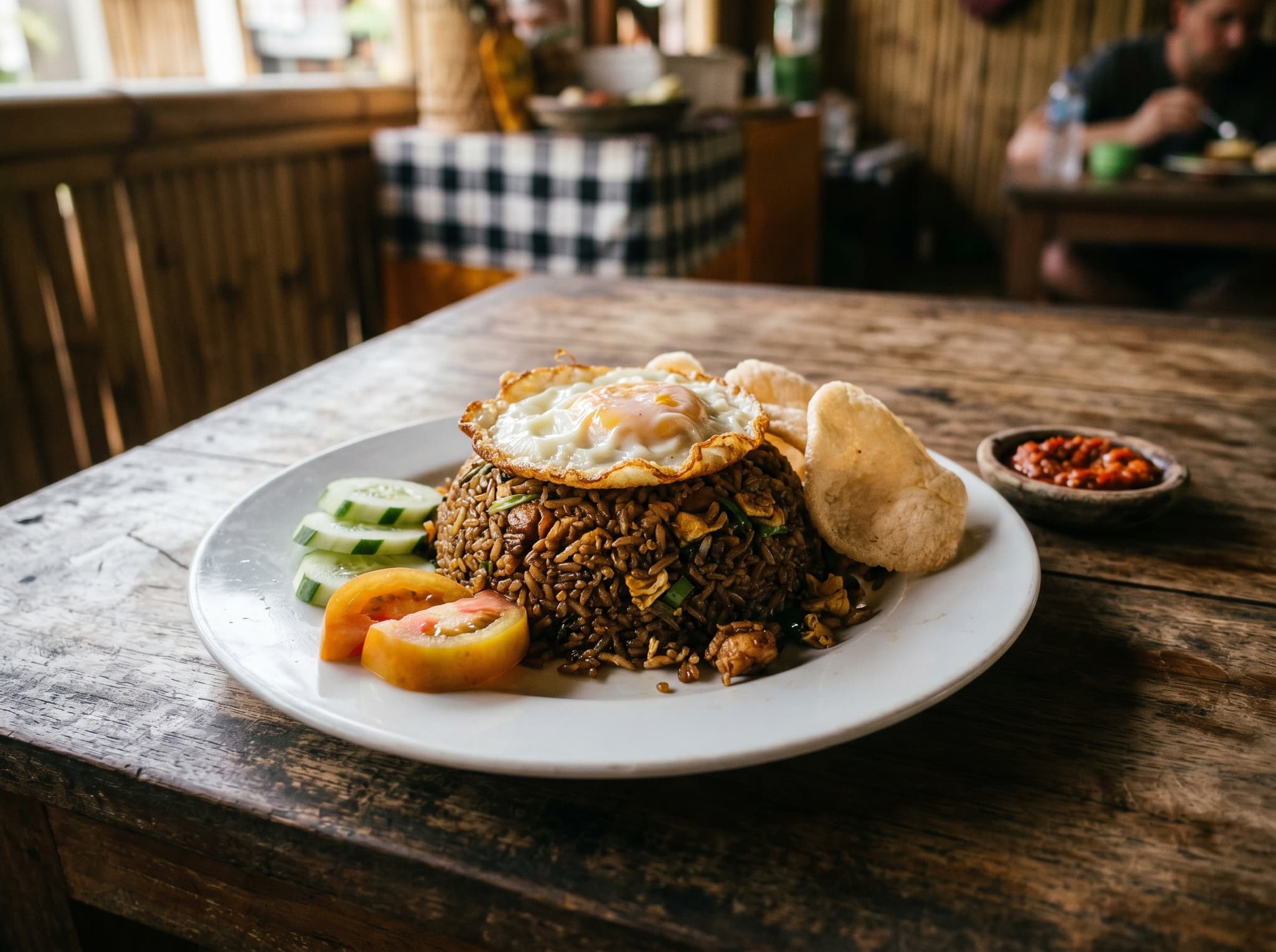 A plate of nasi goreng served at a Balinese warung — fried rice with a fried egg on top, dark kecap manis coloring, sliced cucumber and tomato on the side, krupuk crackers, on a simple ceramic plate. Represents the gateway dish that anchors the nasi goreng section.