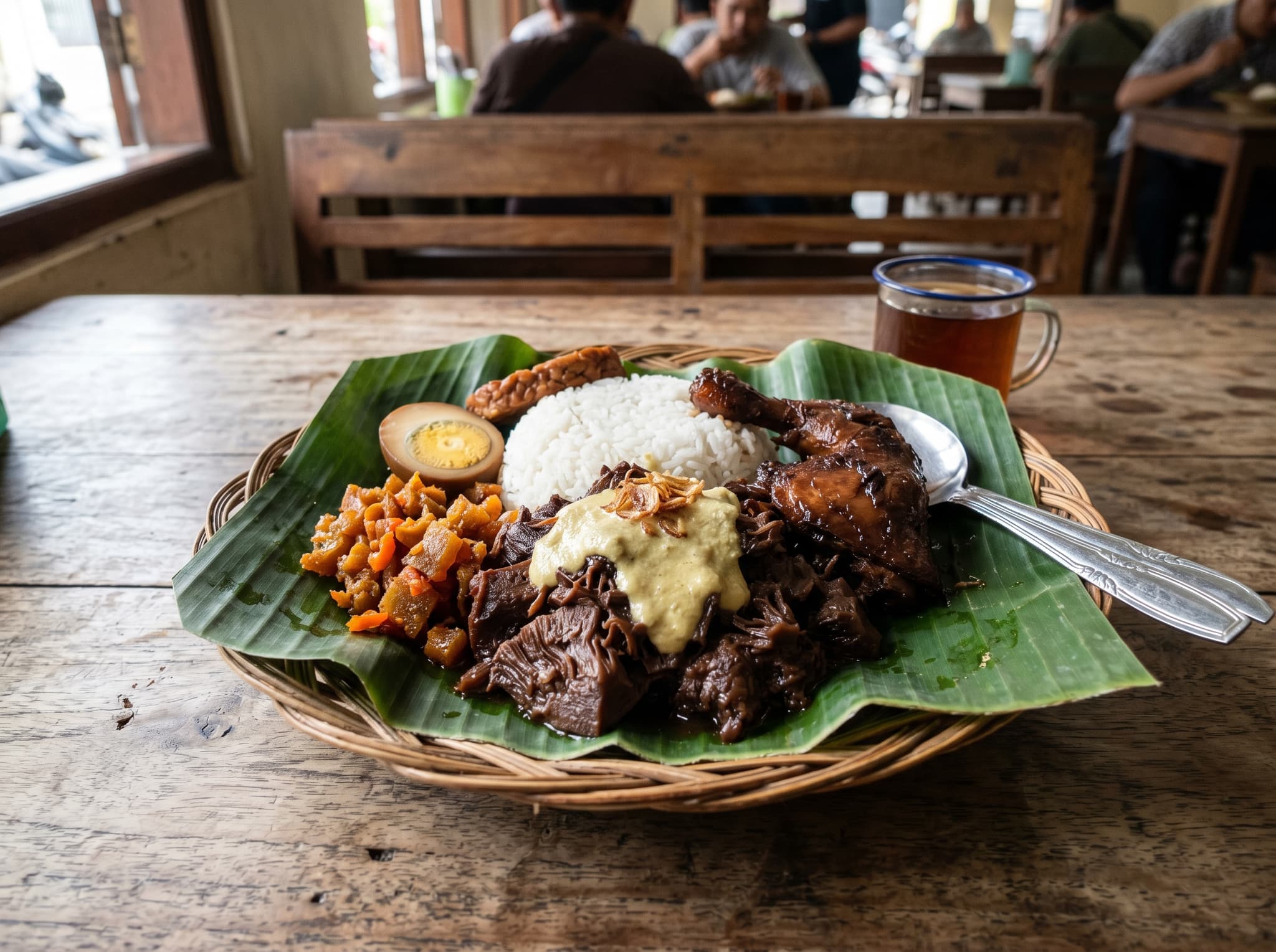 A bowl of gudeg — deep brown jackfruit stew — served with white rice, a hard-boiled egg, chicken, and thick areh coconut cream on a banana leaf, at a traditional Yogyakarta-style warung. Represents the sweet, slow-cooked Javanese food tradition described in the article.