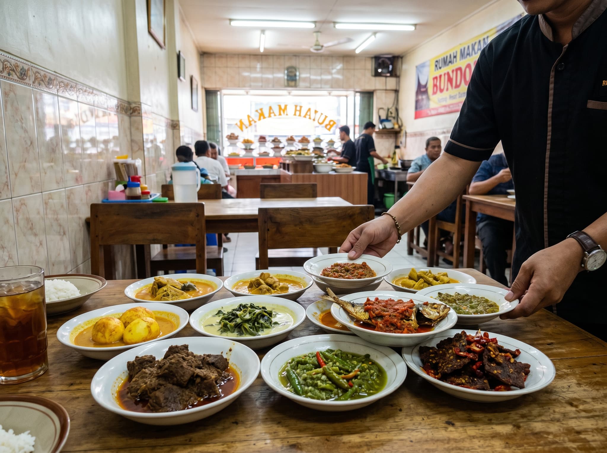 A rumah makan Padang restaurant table in Sumatra or Jakarta loaded with a tower of small dishes — rendang, curried eggs, cassava leaves, fried fish, green sambal — arranged in the traditional Padang service style. Illustrates the distinctive all-dishes-at-once service format described in the article.