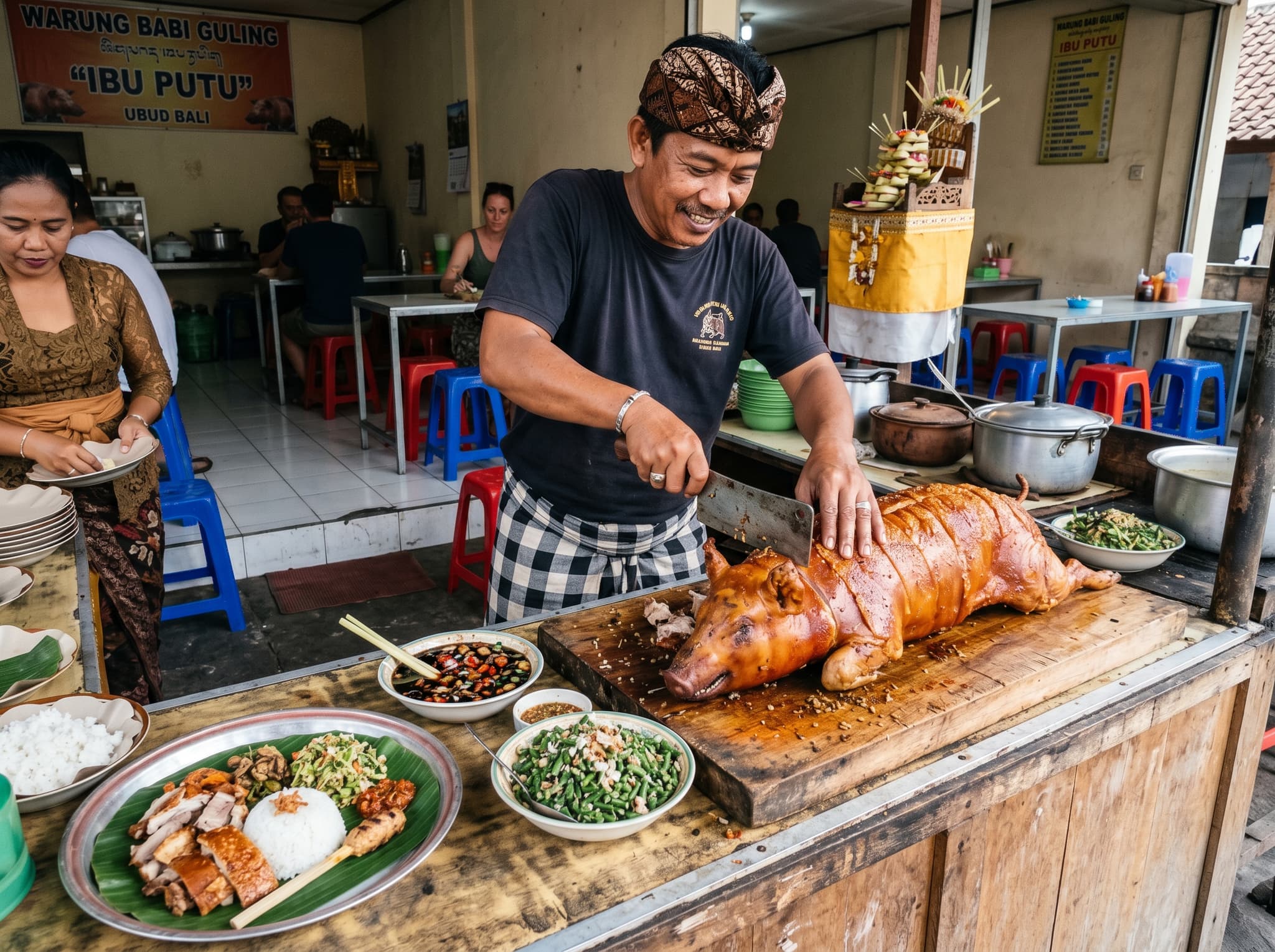 A whole babi guling — spit-roasted Balinese suckling pig — being carved at a traditional warung in Bali, showing the glass-crisp golden skin, mixed meat portions, and lawar accompaniments. Central image for the Balinese food section.