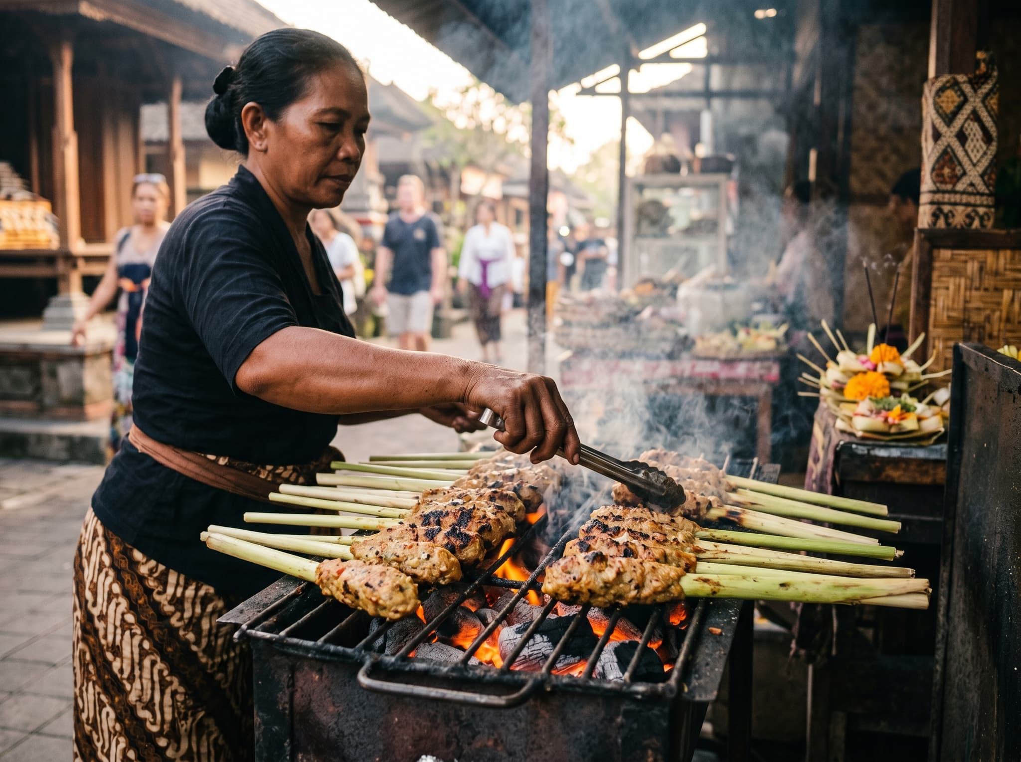 A plate of sate lilit — Balinese minced meat pressed onto lemongrass sticks — grilling over coconut husk coals at a Bali street stall, showing the distinctive form that sets it apart from standard skewered satay. Supports the Balinese dishes section.
