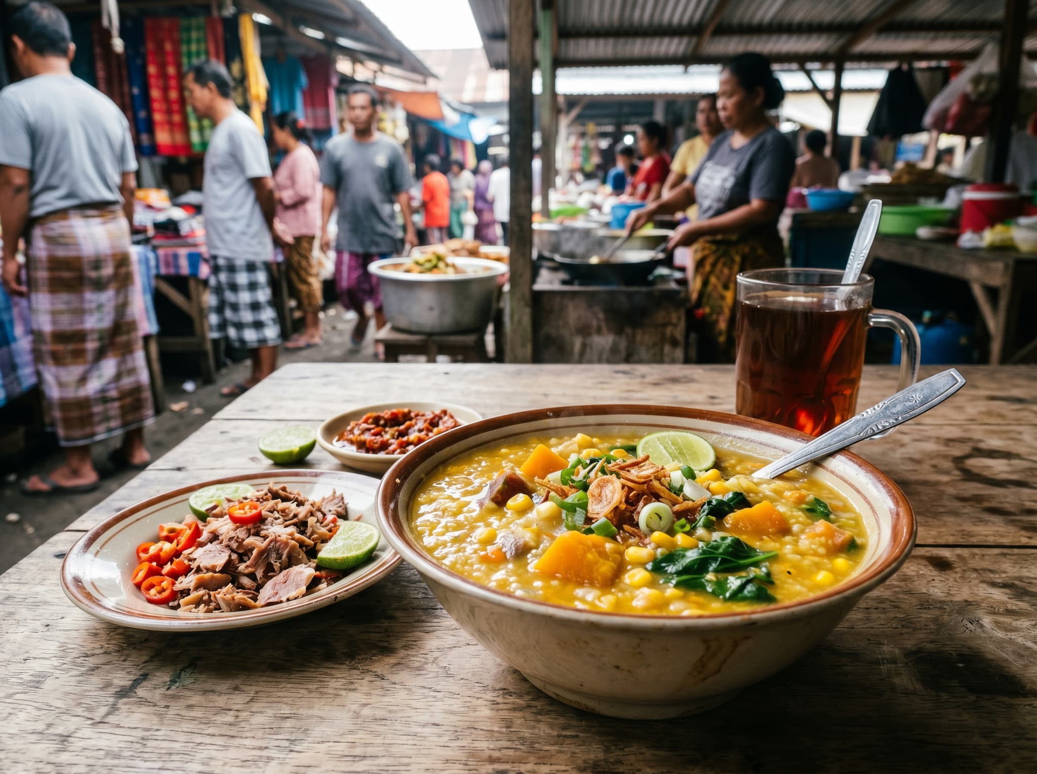 A bowl of tinutuan — Manado's thick rice porridge with pumpkin, corn, and greens — served with dried salted fish and sambal at a simple North Sulawesi breakfast stall, representing the Eastern Indonesian food traditions most visitors miss.