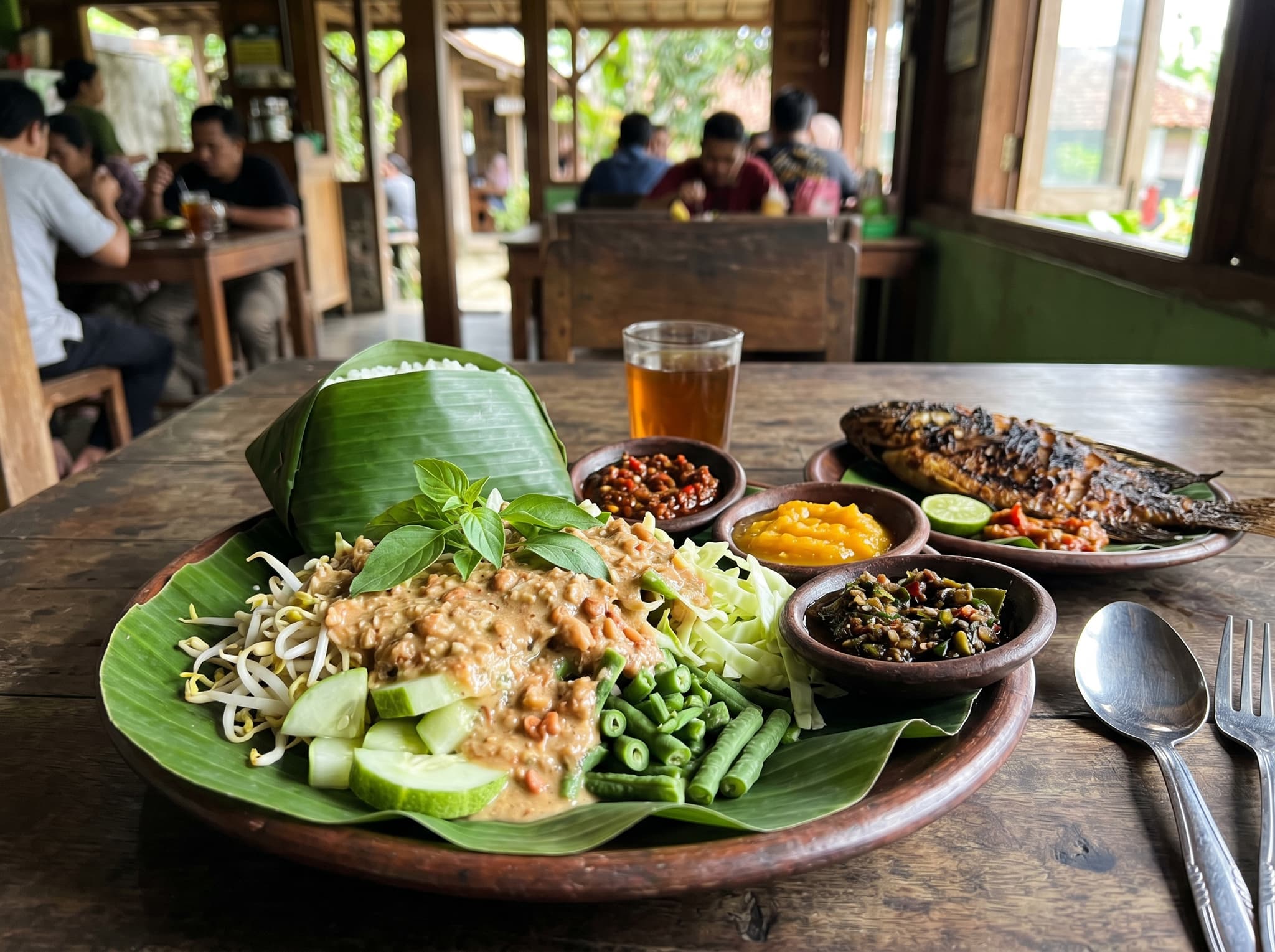 A Sundanese karedok plate — raw vegetables including bean sprouts, cucumber, long beans, and Thai basil dressed in peanut-kencur sauce — alongside lalapan and multiple small sambal dishes at a West Java warung. Illustrates the vegetable-forward Sundanese food tradition.