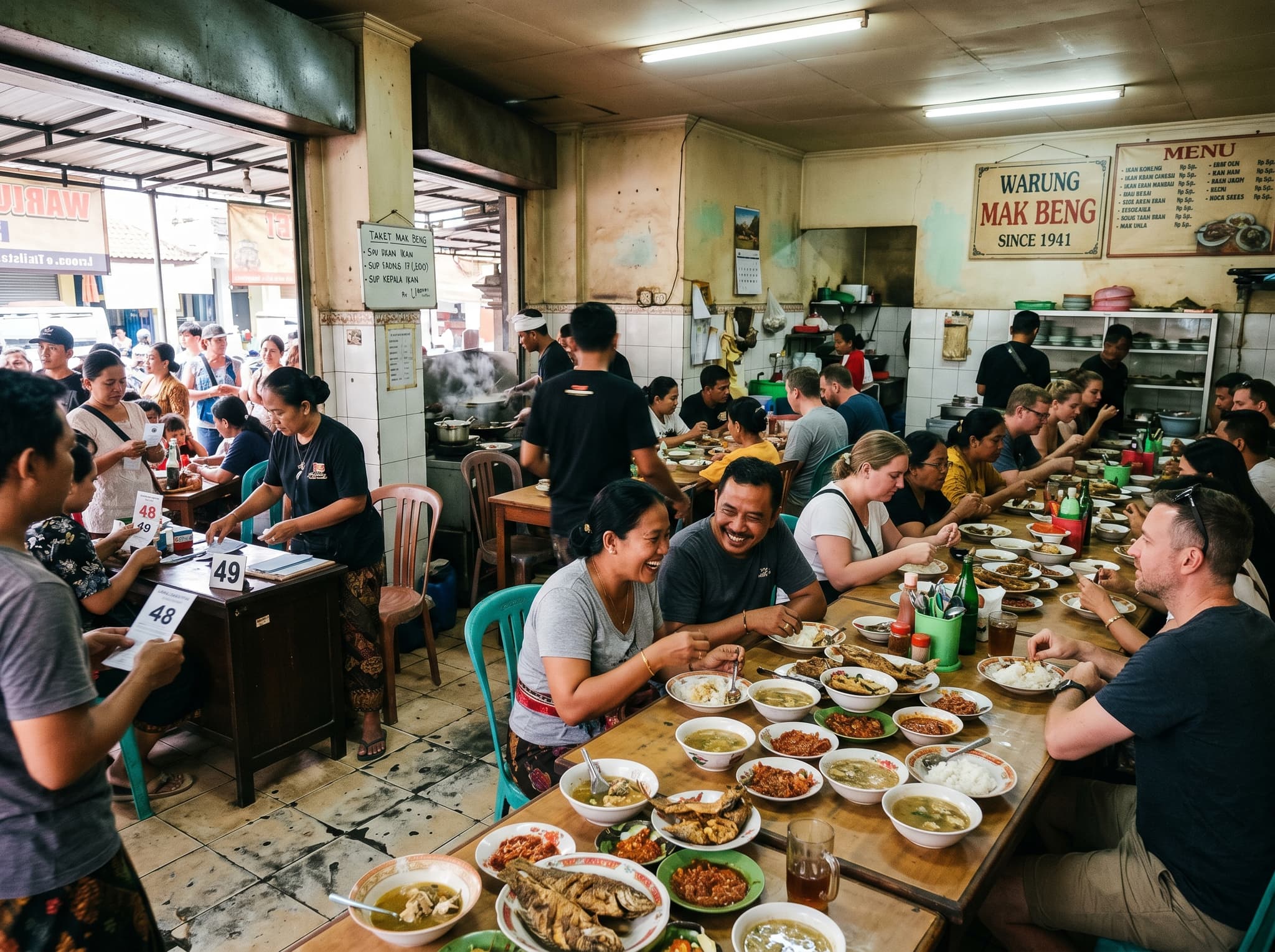 The busy communal dining room of a traditional Balinese warung at peak hours — crowded shared tables, numbered tickets, the controlled chaos of a kitchen that has perfected a single meal over eight decades