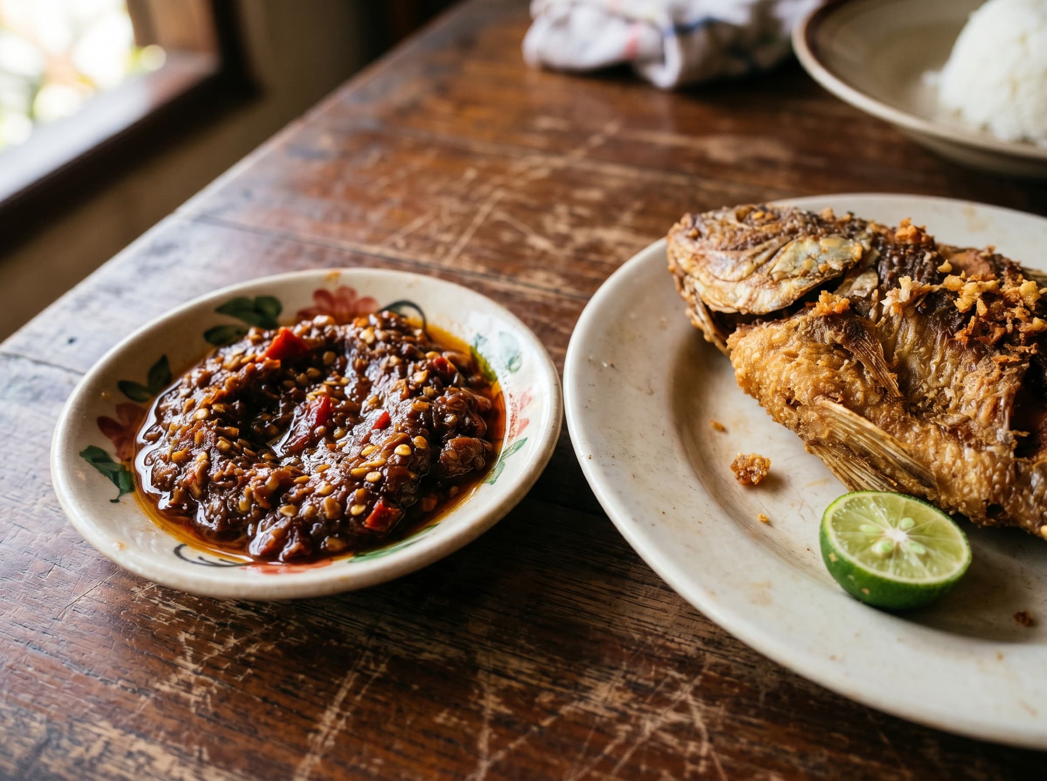 Close-up of sambal terasi and fried fish at a Balinese warung — the chili-shrimp paste condiment that defines the Warung Mak Beng meal and has remained unchanged for over eighty years