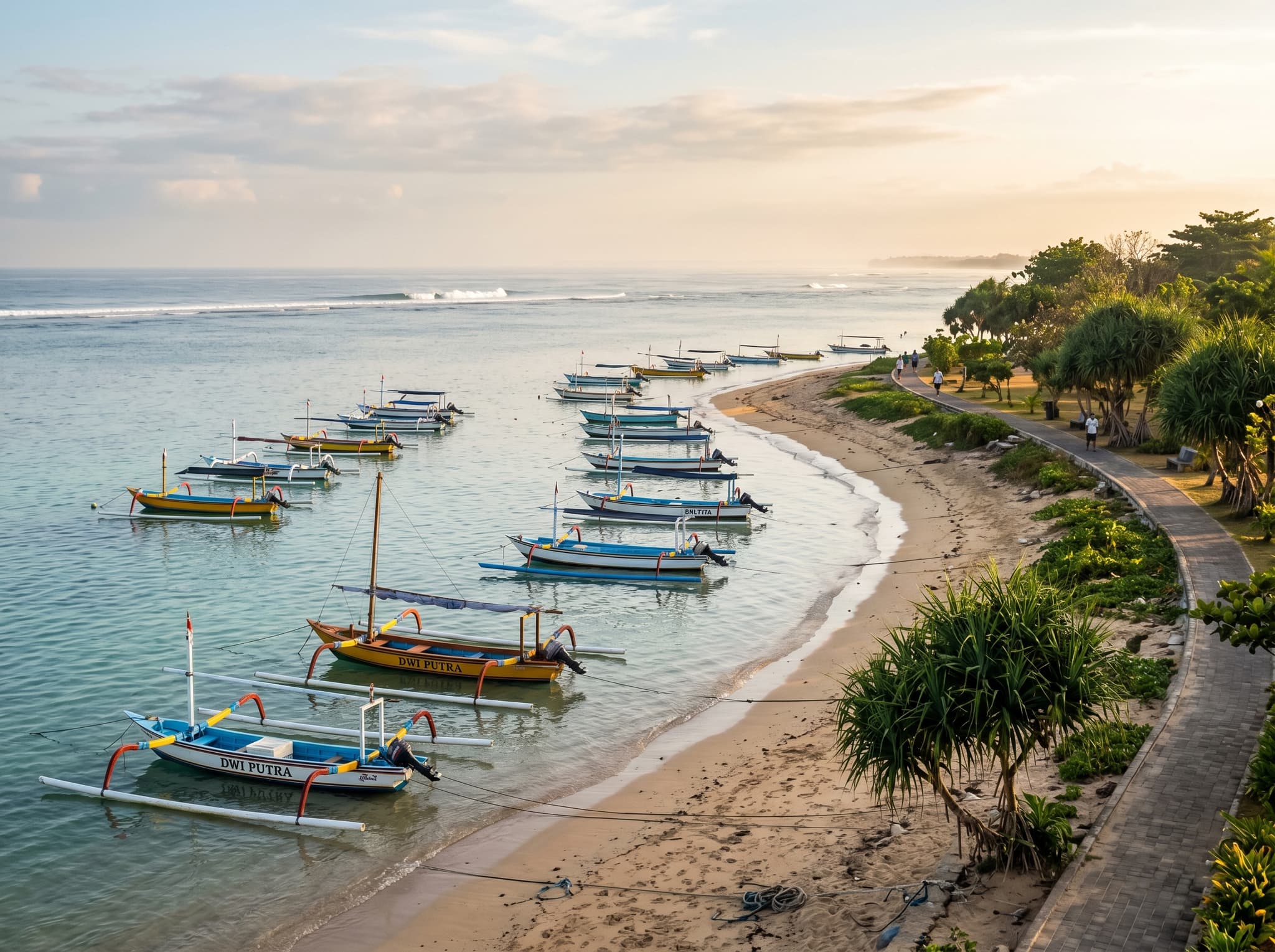 Sanur beachfront in Bali — the calm coastal neighborhood a short walk from Warung Mak Beng, where visitors naturally extend their meal into a morning or afternoon along the water